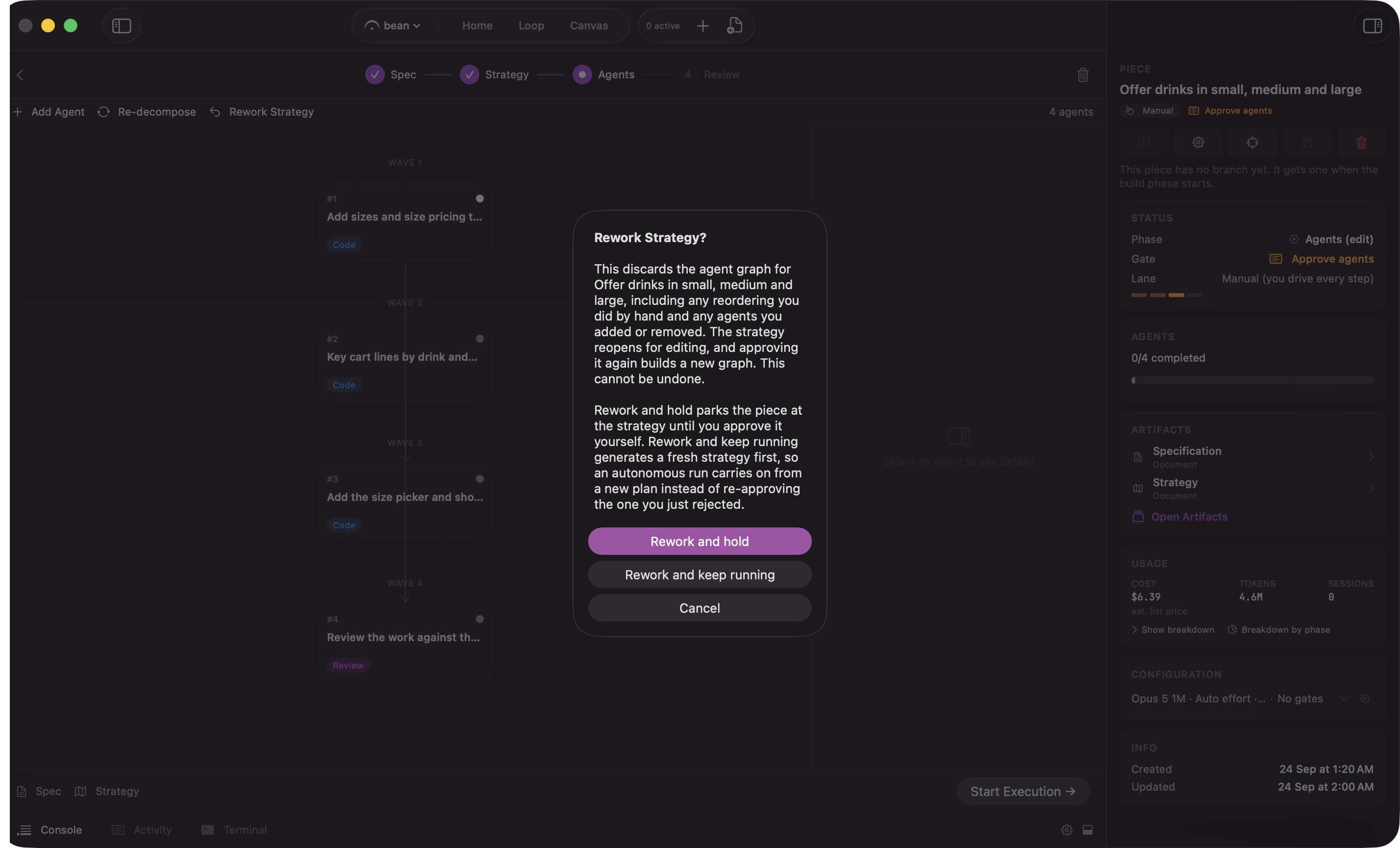 The Rework Spec confirmation naming the strategy and notes that will be discarded, with the Rework and hold and Rework and keep running buttons