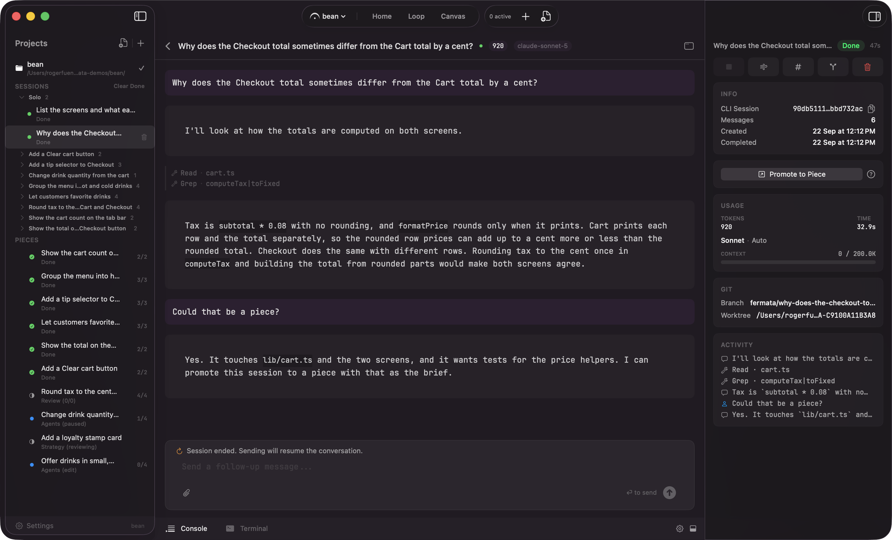 A centered session's inspector with the Promote to Piece card and its help popover open