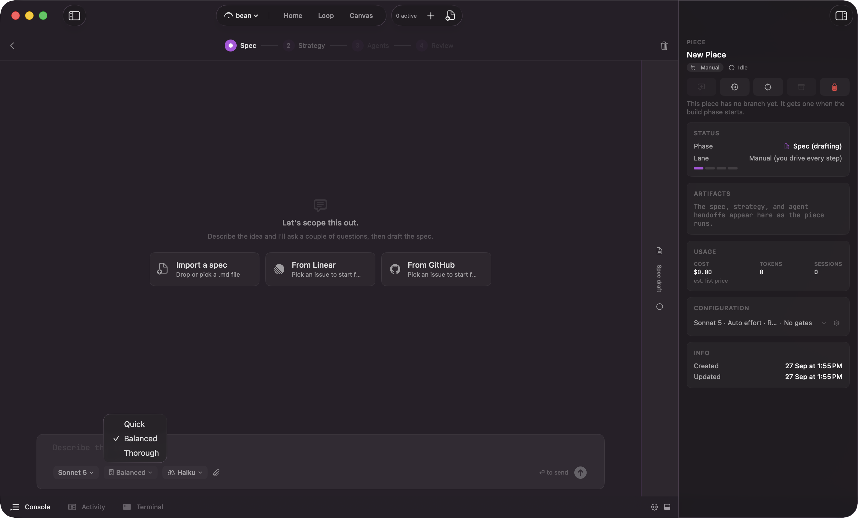 The interview composer with its depth menu open on Quick, Balanced and Thorough, beside the Model and Explore model chips under the message field