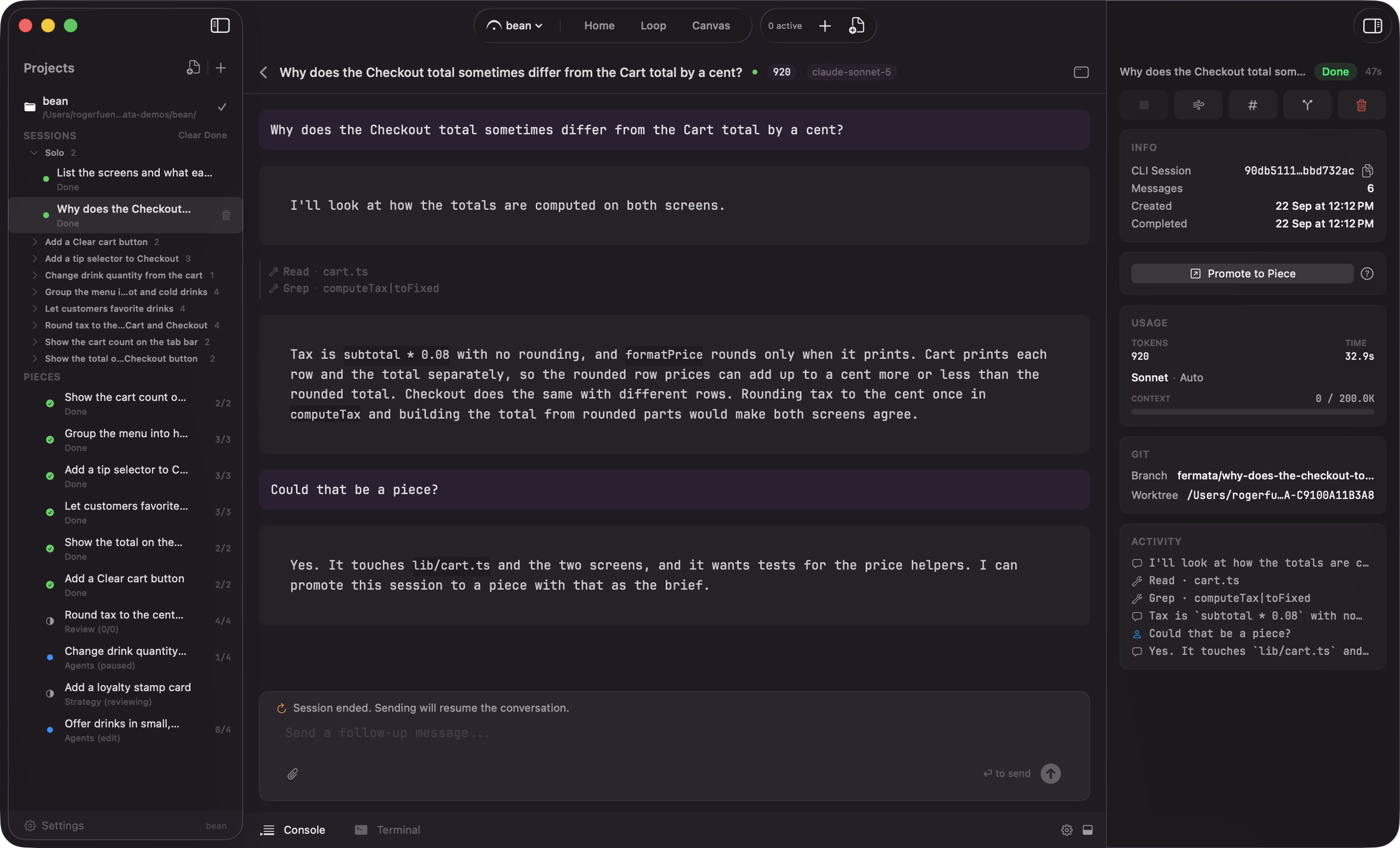A centered session's header with the back chevron and its Back to tooltip naming the surface it will return to