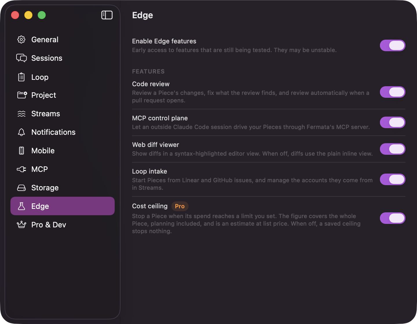 Settings' Edge pane: the Enable Edge features toggle at top and the Features card below listing Code review, MCP control plane, Web diff viewer, Loop intake, and Cost ceiling with a Pro badge