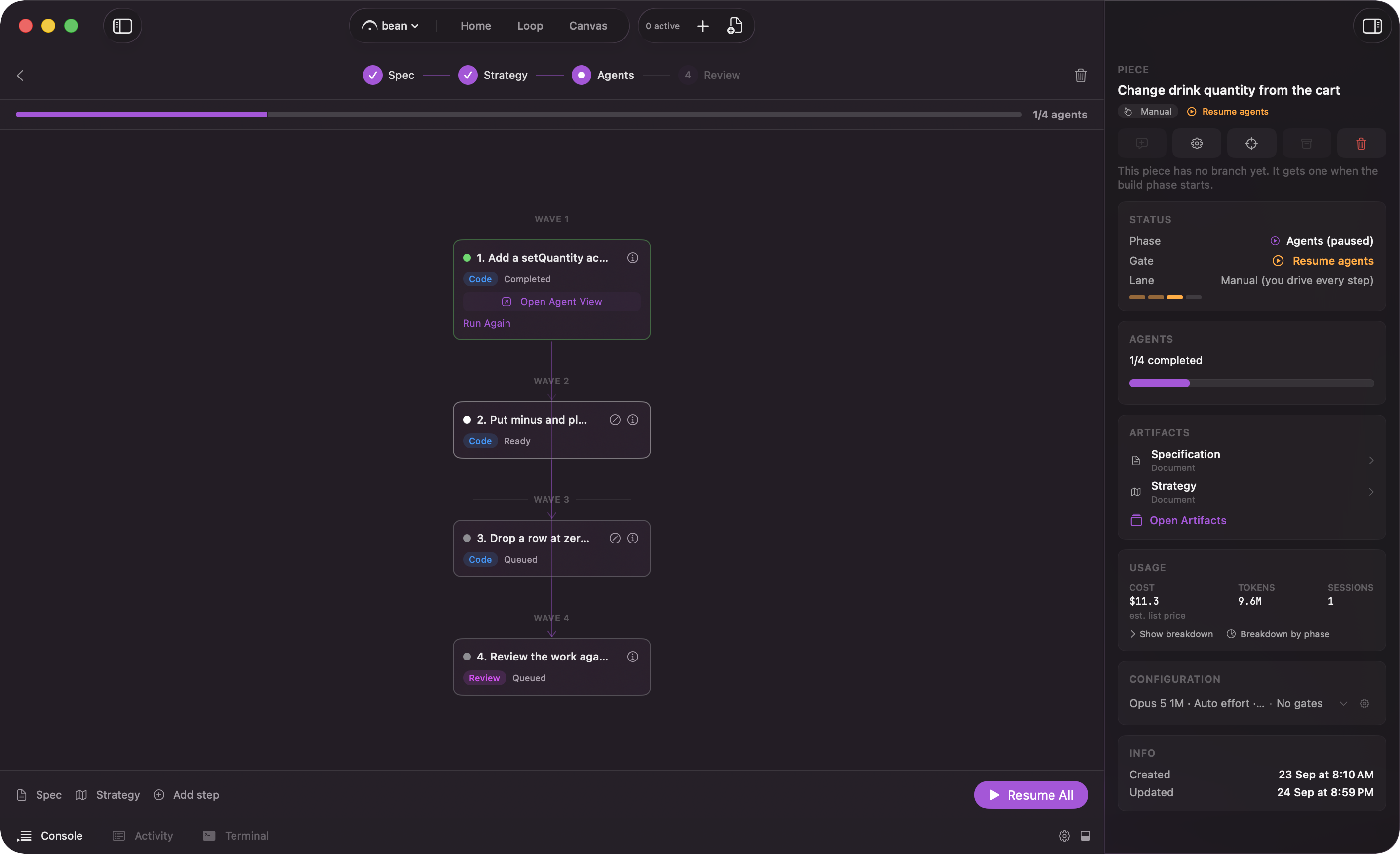 A piece's Usage card in the inspector showing Cost, Tokens and Sessions with the Show breakdown and Breakdown by phase controls