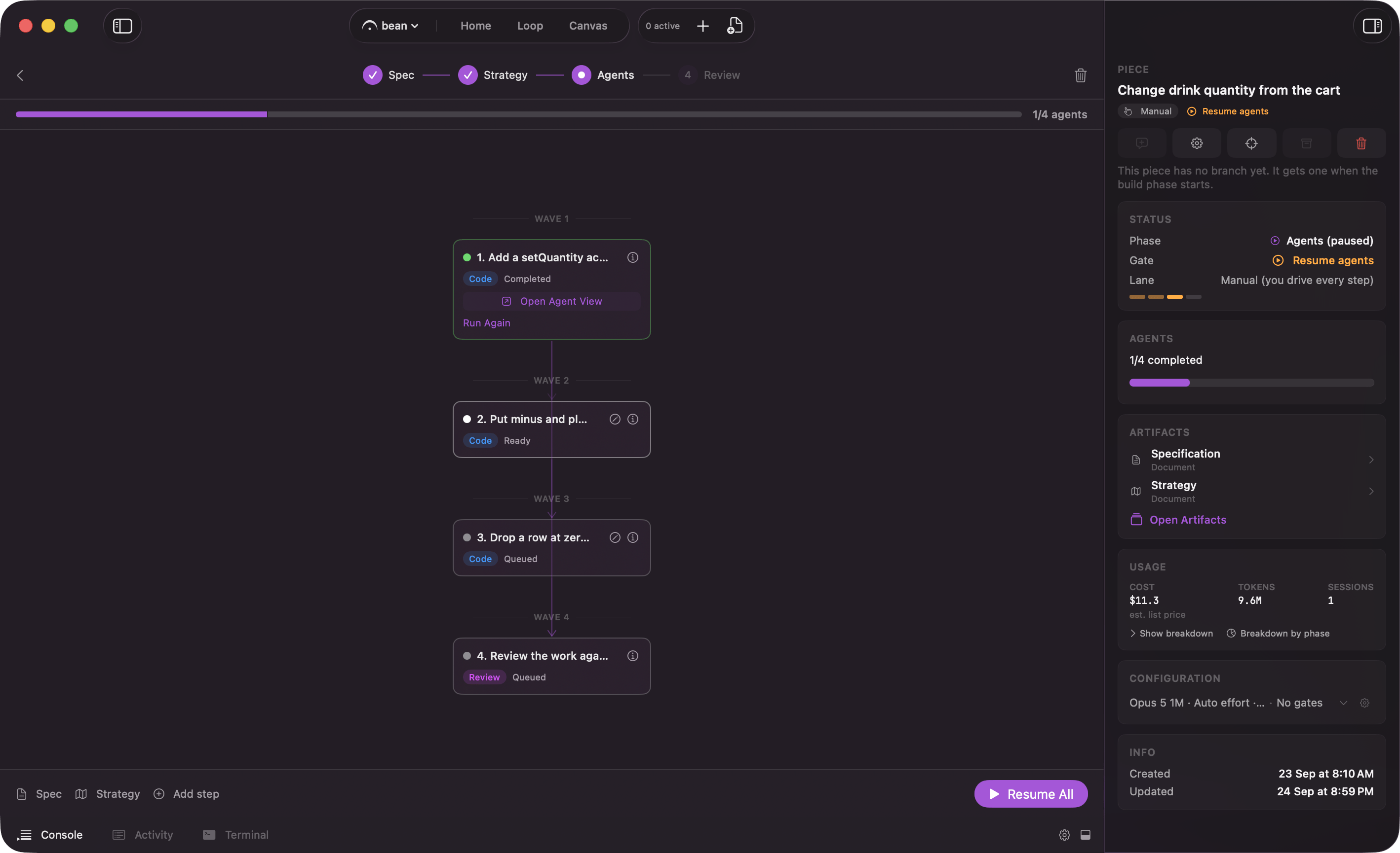 A piece's Usage card in the inspector showing Cost, Tokens and Sessions with the Show breakdown and Breakdown by phase controls
