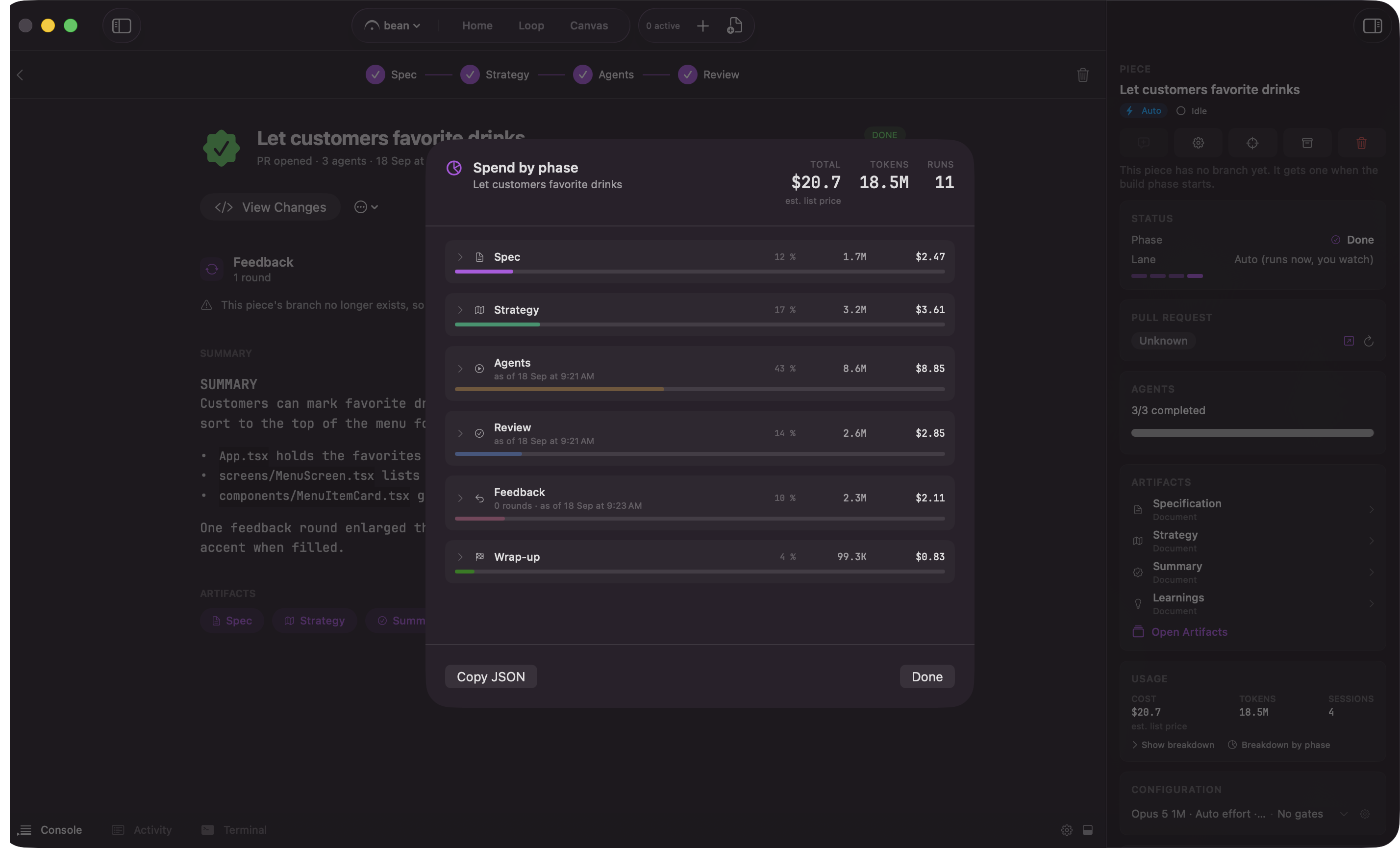 The Spend by phase sheet listing the piece's lanes with share, tokens and cost per lane