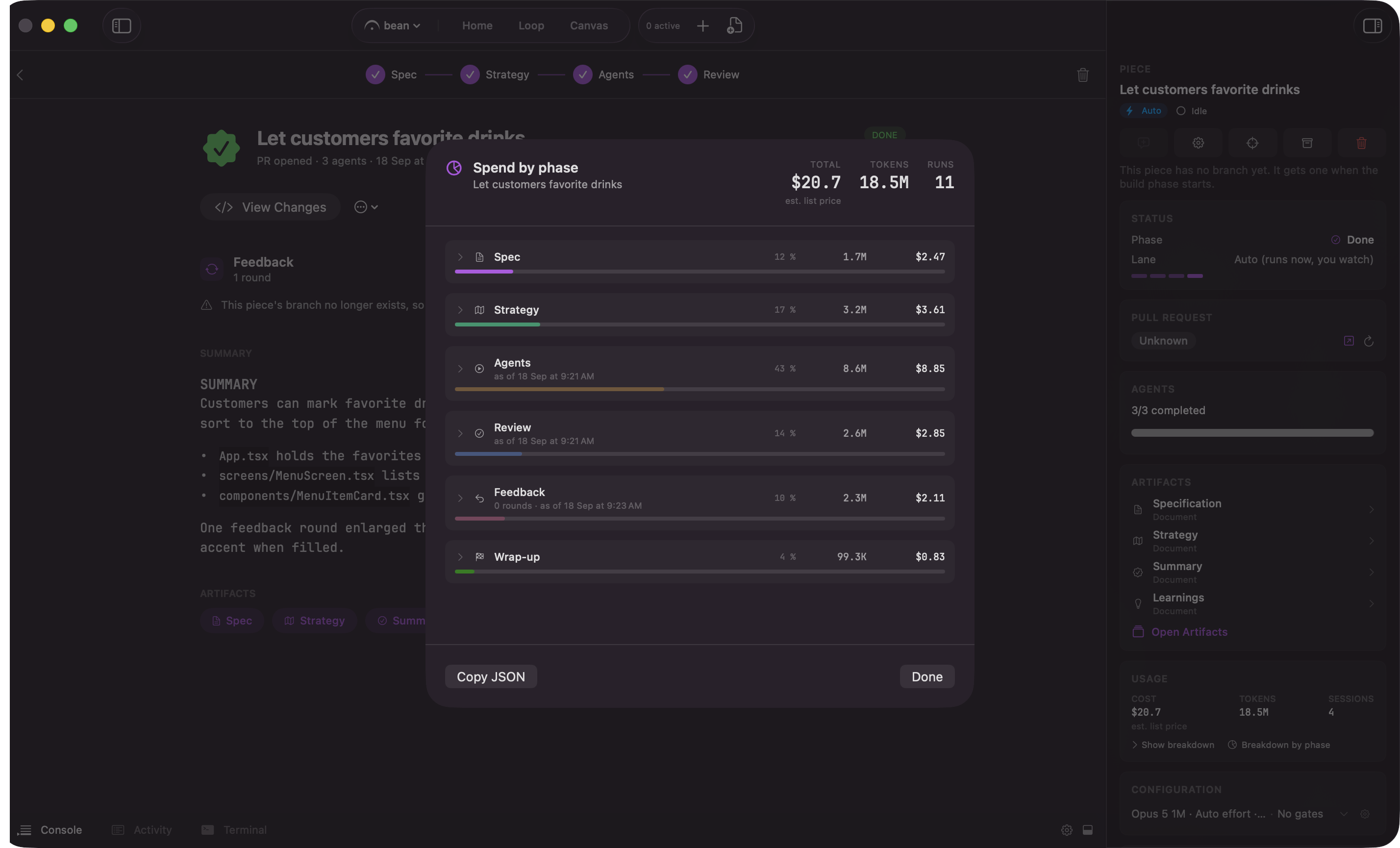 The Spend by phase sheet listing the piece's lanes with share, tokens and cost per lane