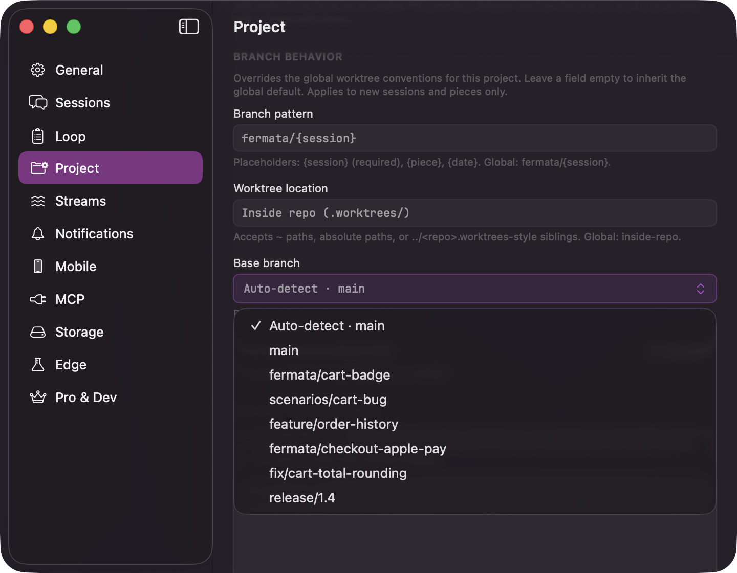 Project Settings' Branch Behavior card with the Base branch menu open, showing Auto-detect · main followed by the repo's other local branches