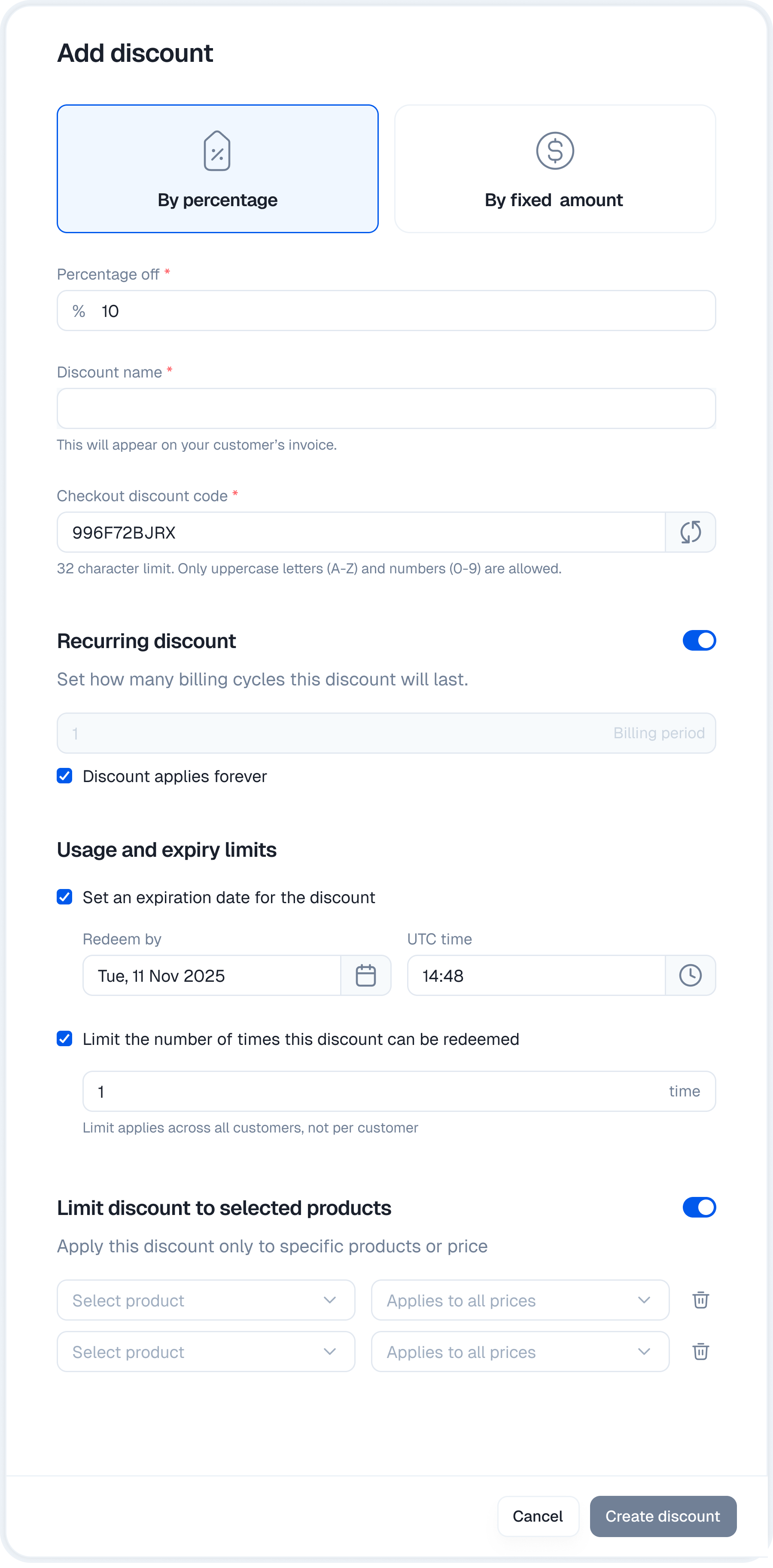 Discount creation modal showing percentage and code options