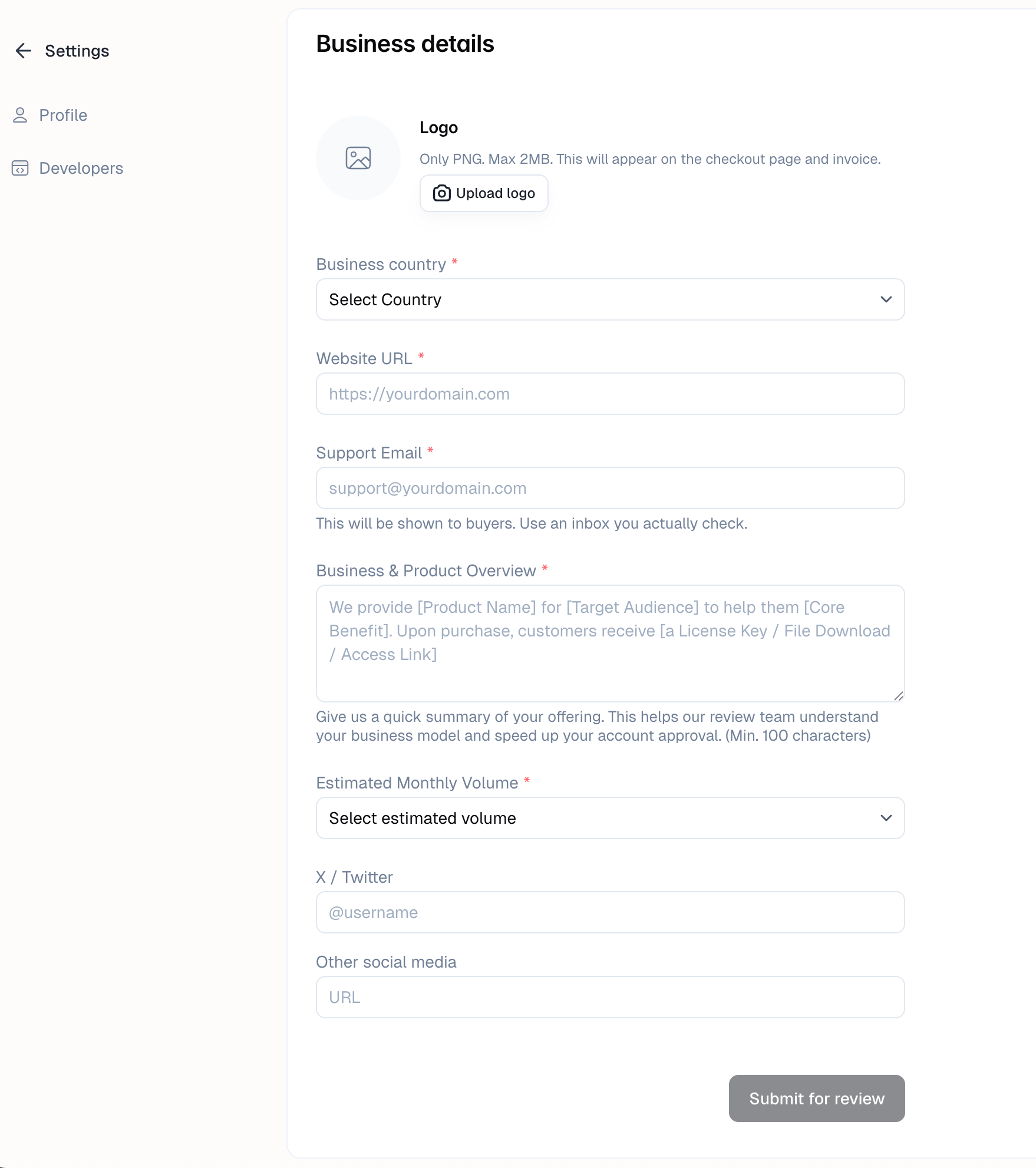 Business details form