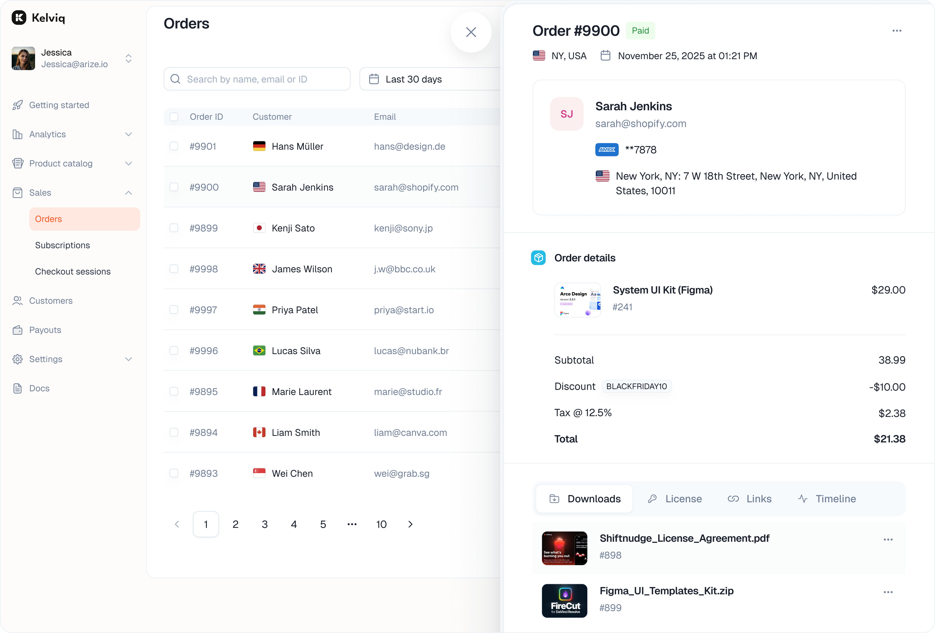 Side drawer showing customer details and order summary