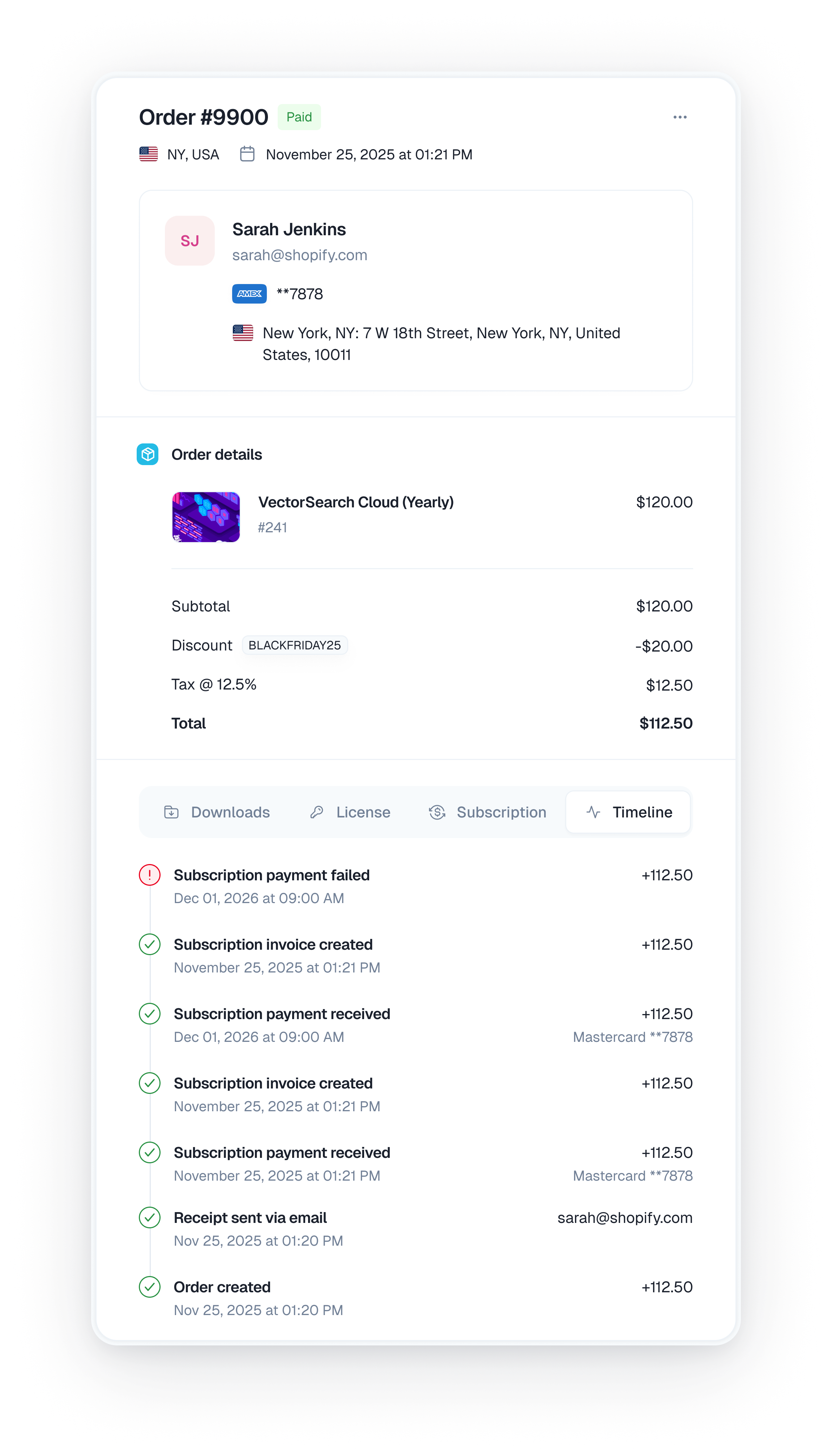 Timeline view showing order creation, payment success, and email receipts