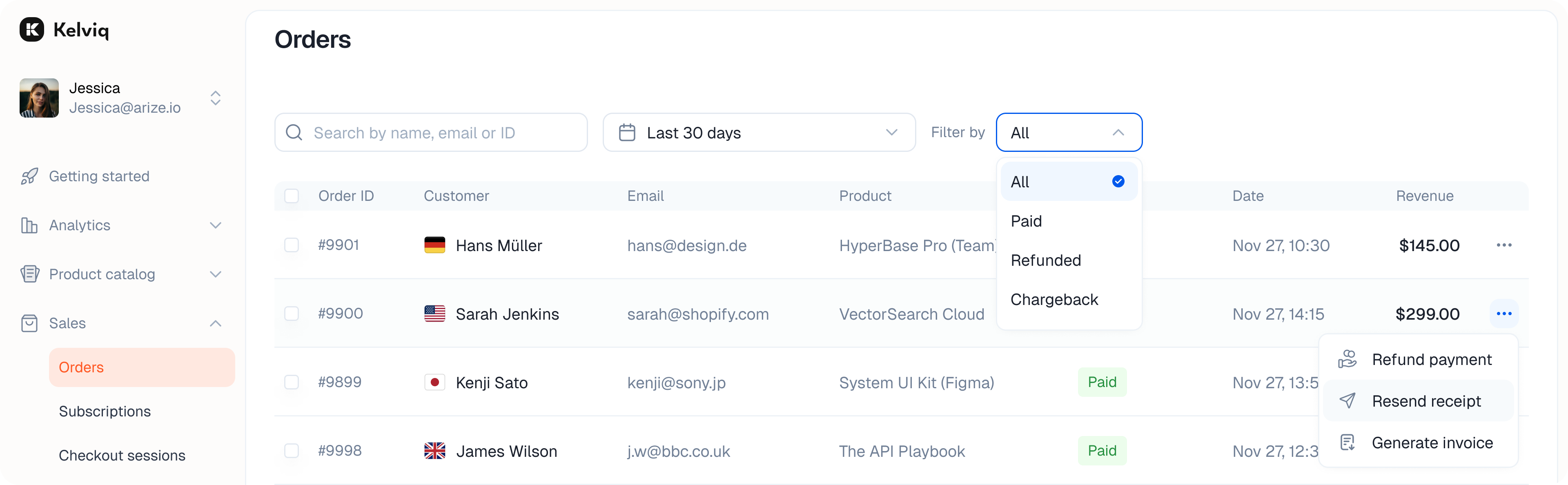 Meatball menu showing refund and receipt options
