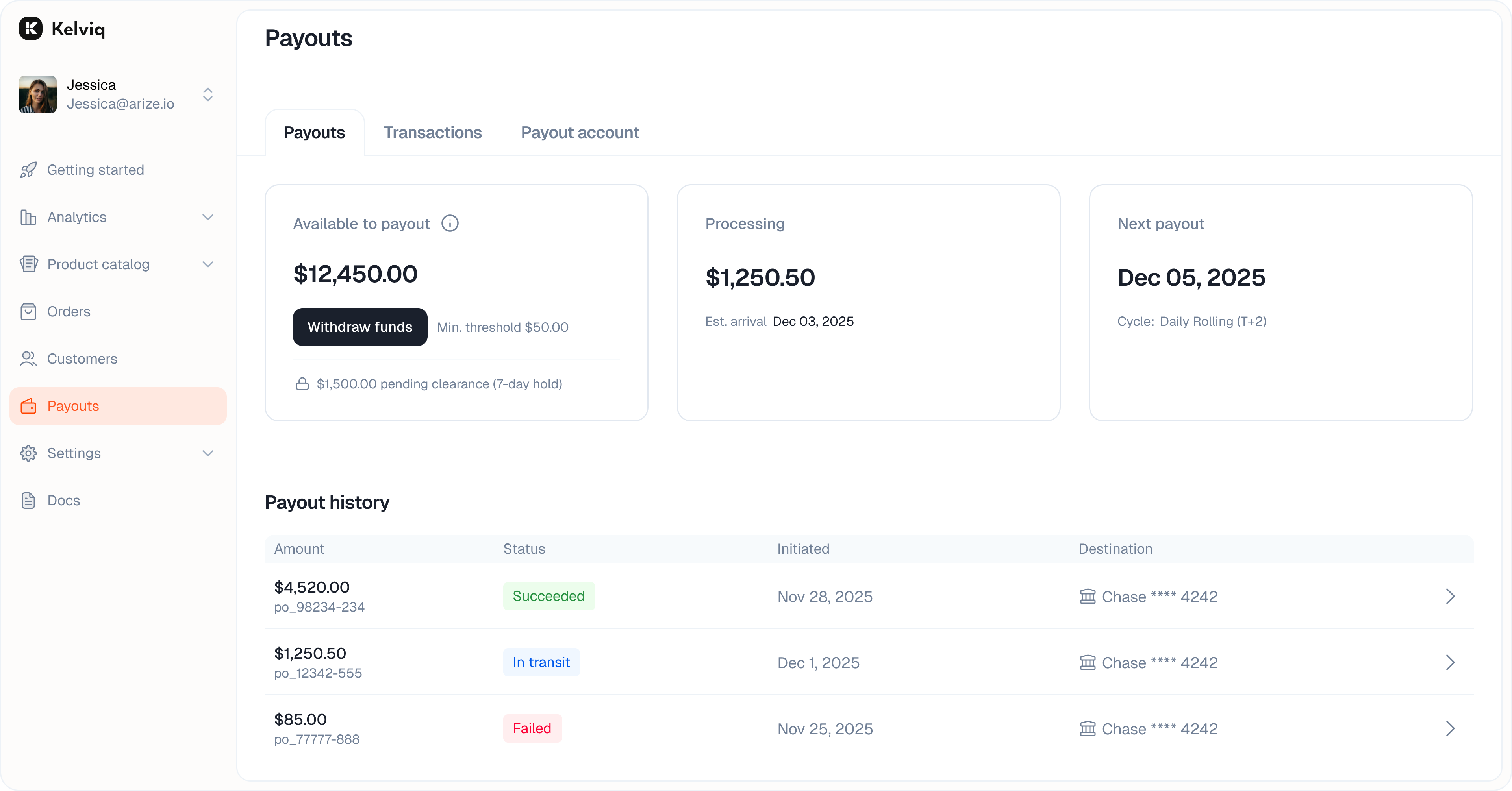 Payout dashboard showing available funds and processing amounts