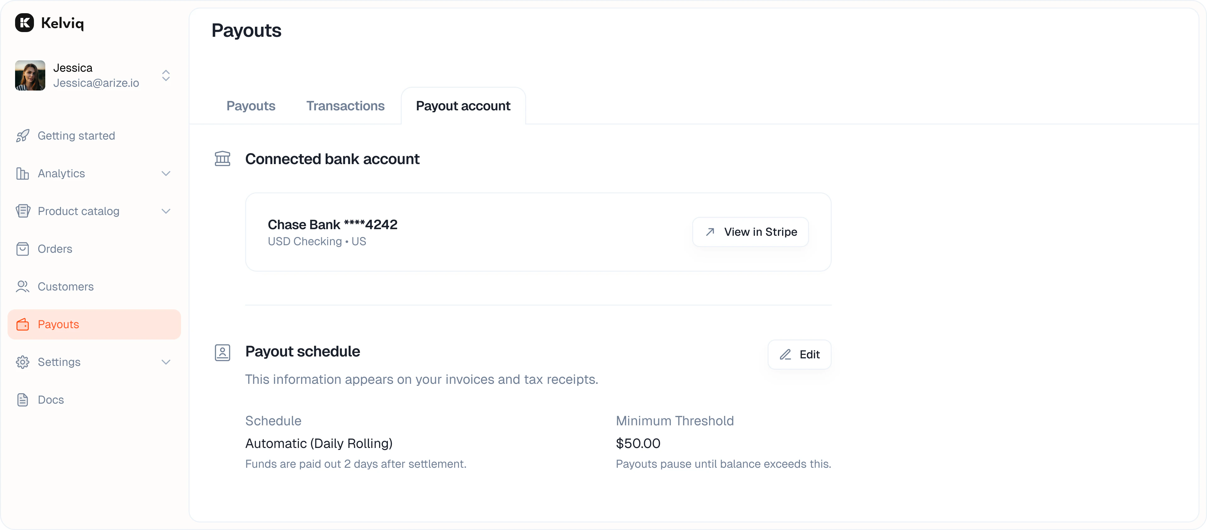 Payout settings showing bank account and schedule preferences