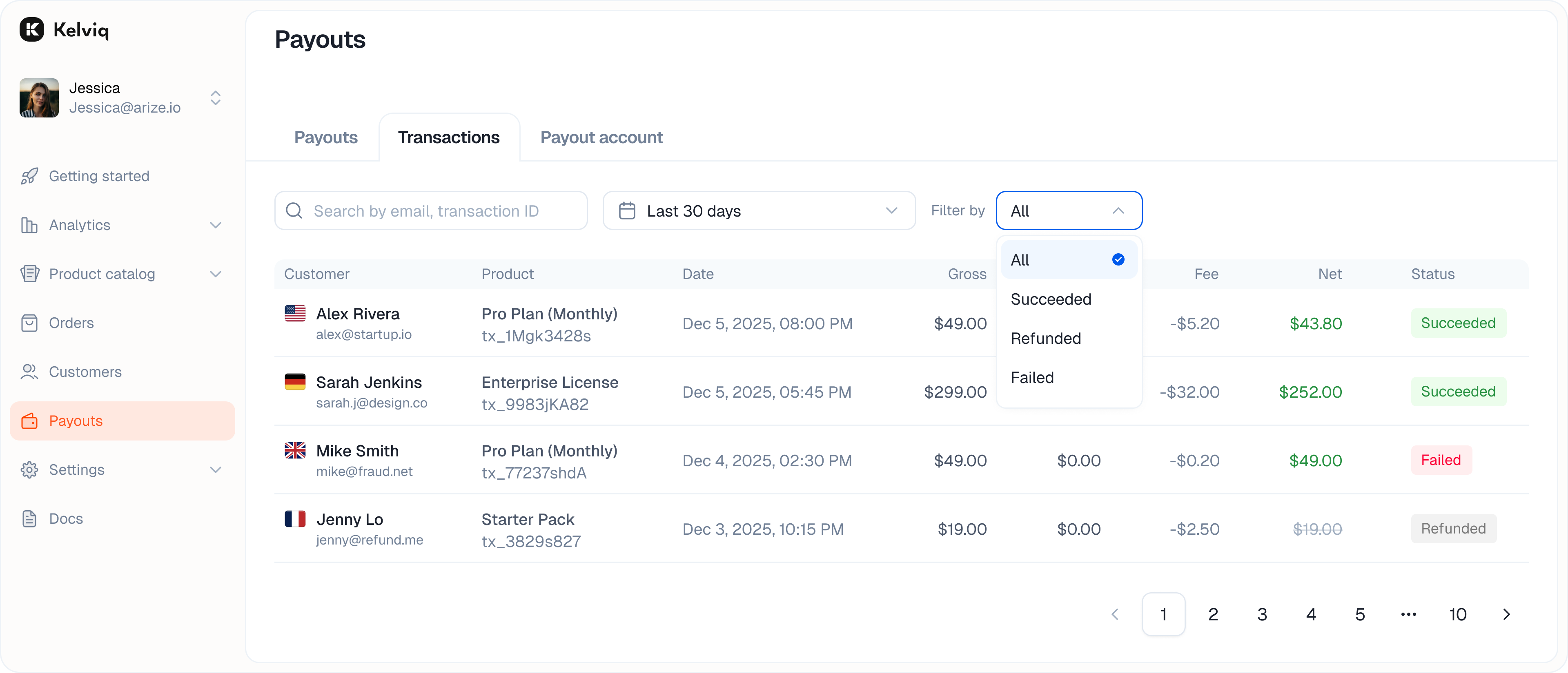 List of individual transactions with status filters