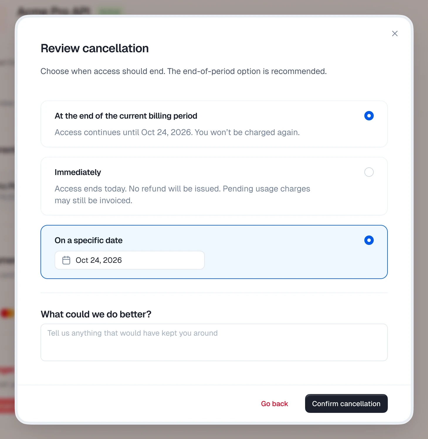 The final cancellation step with end date options and a feedback question