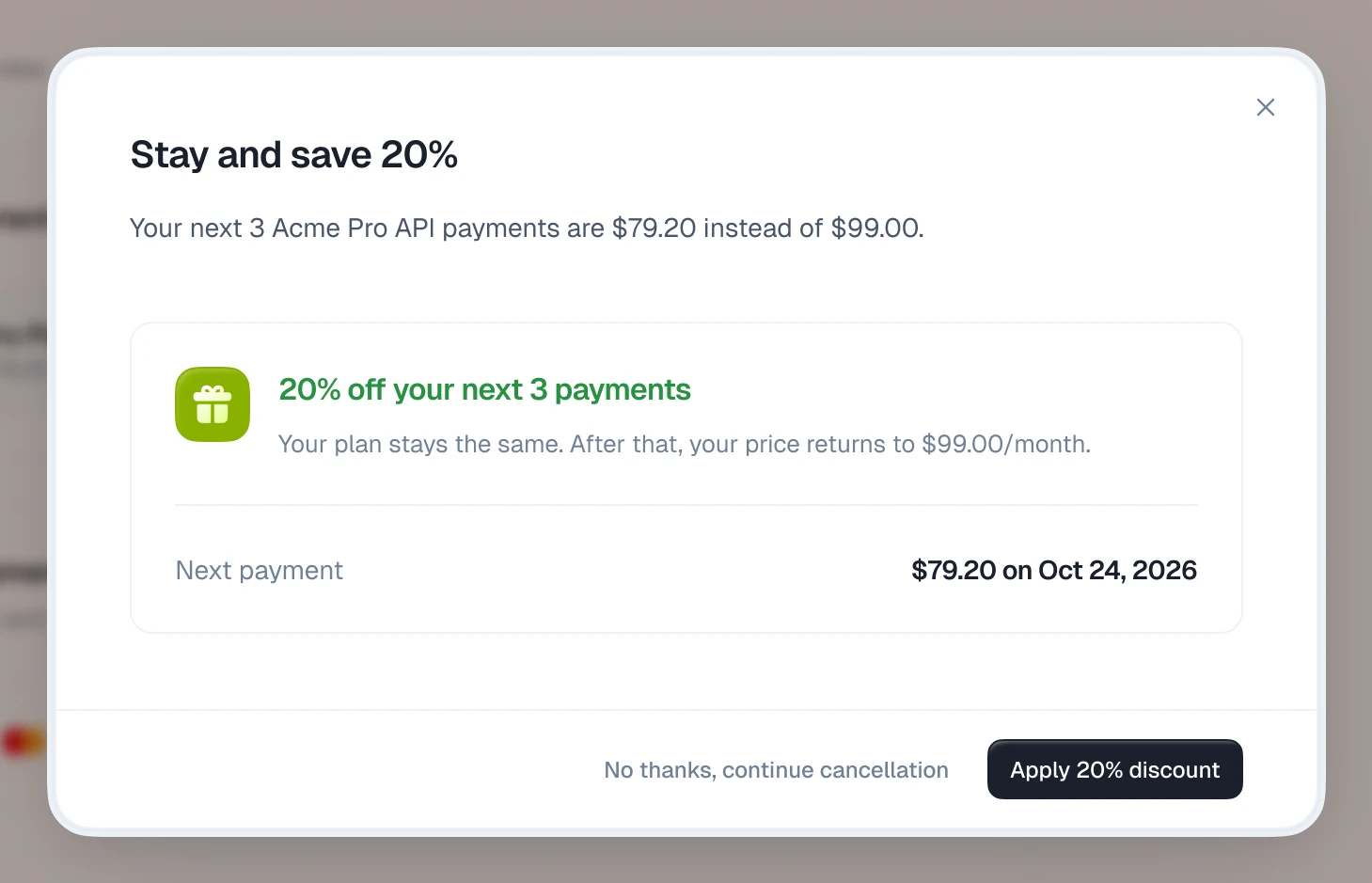 A discount offer of 20% off the next 3 payments