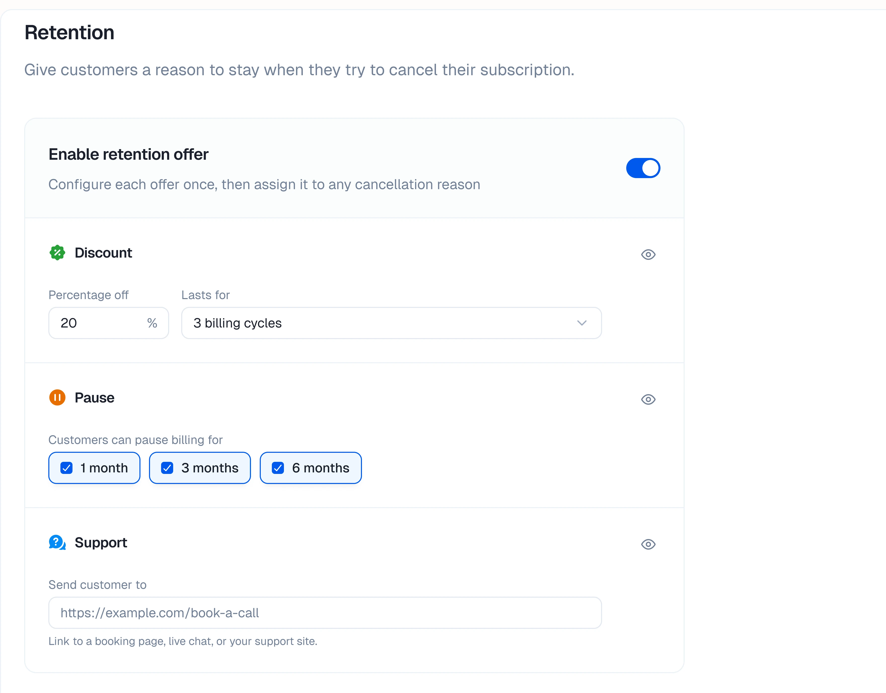 Retention settings with the Discount, Pause, and Support offers
