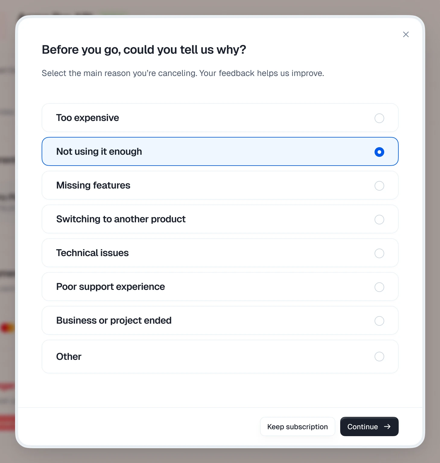 The cancellation dialog asking the customer to pick a reason