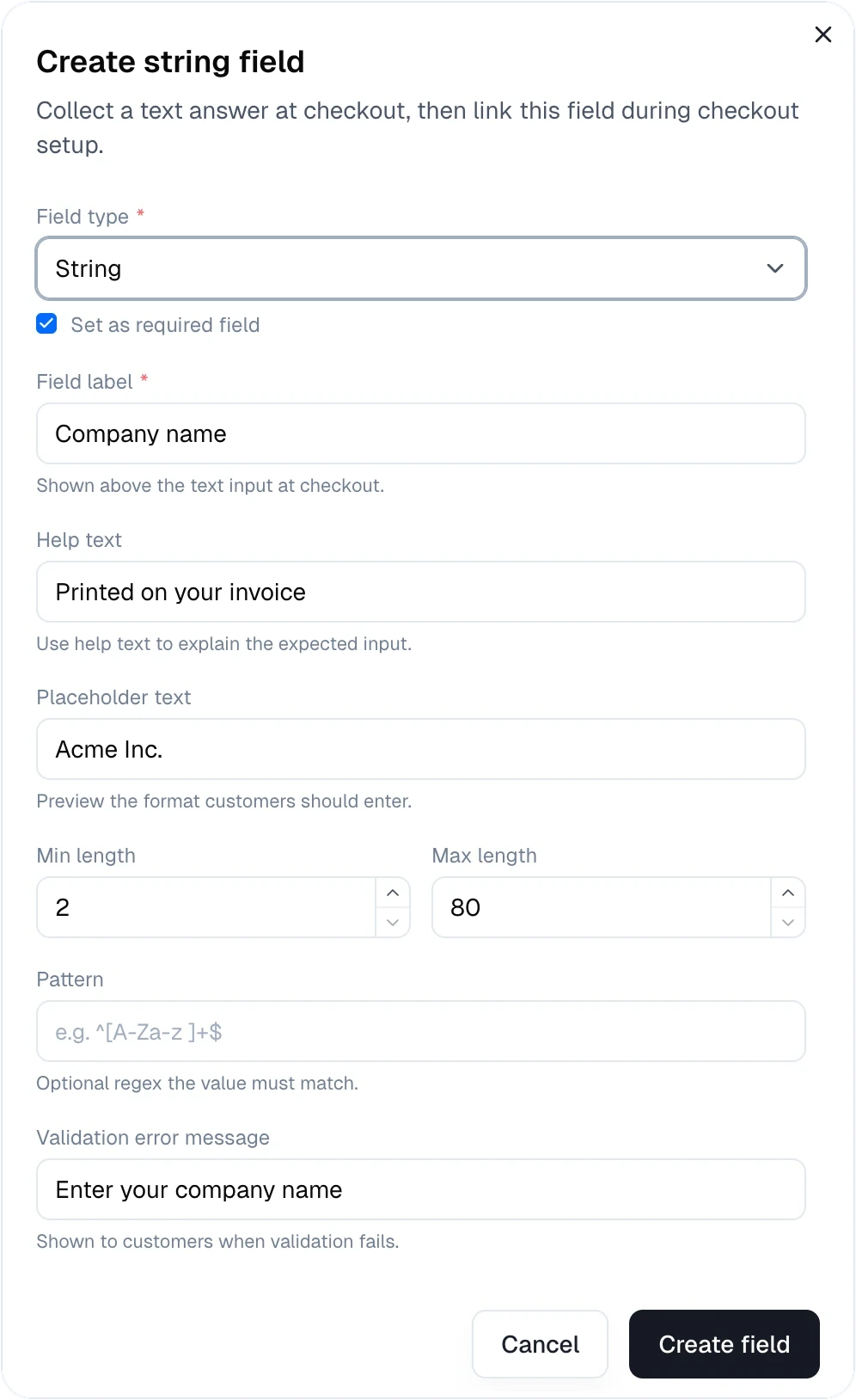 The Create string field dialog with a required Company name field, help text, placeholder, and length limits
