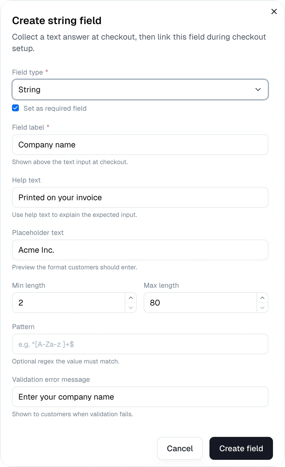 The Create string field dialog with a required Company name field, help text, placeholder, and length limits