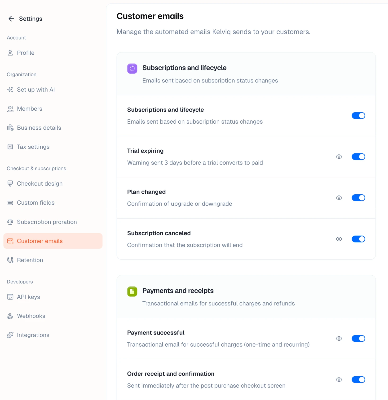The Customer emails settings page with switches for subscription and payment emails