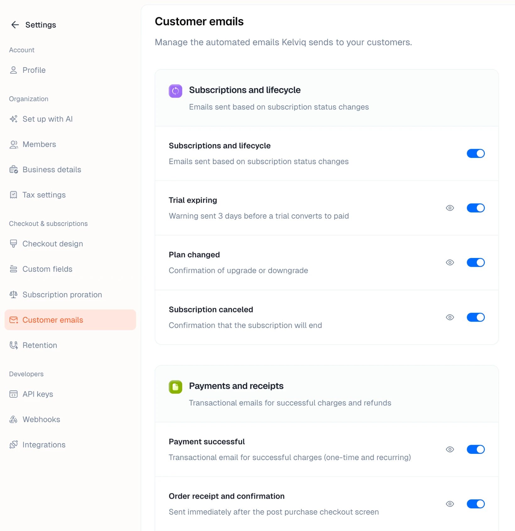 The Customer emails settings page with switches for subscription and payment emails