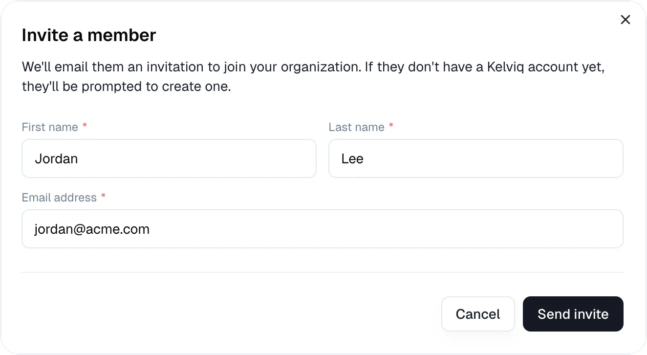The Invite a member dialog with first name, last name, and email address fields