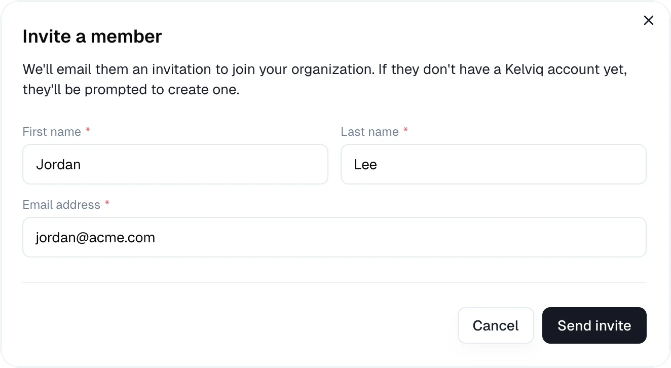 The Invite a member dialog with first name, last name, and email address fields