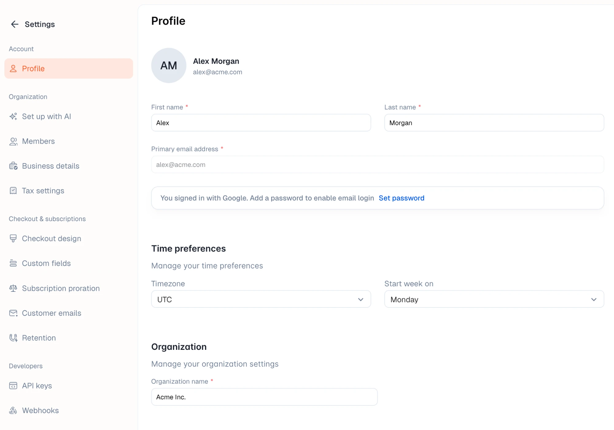 The Profile settings page with name, email, time preferences, and organization name