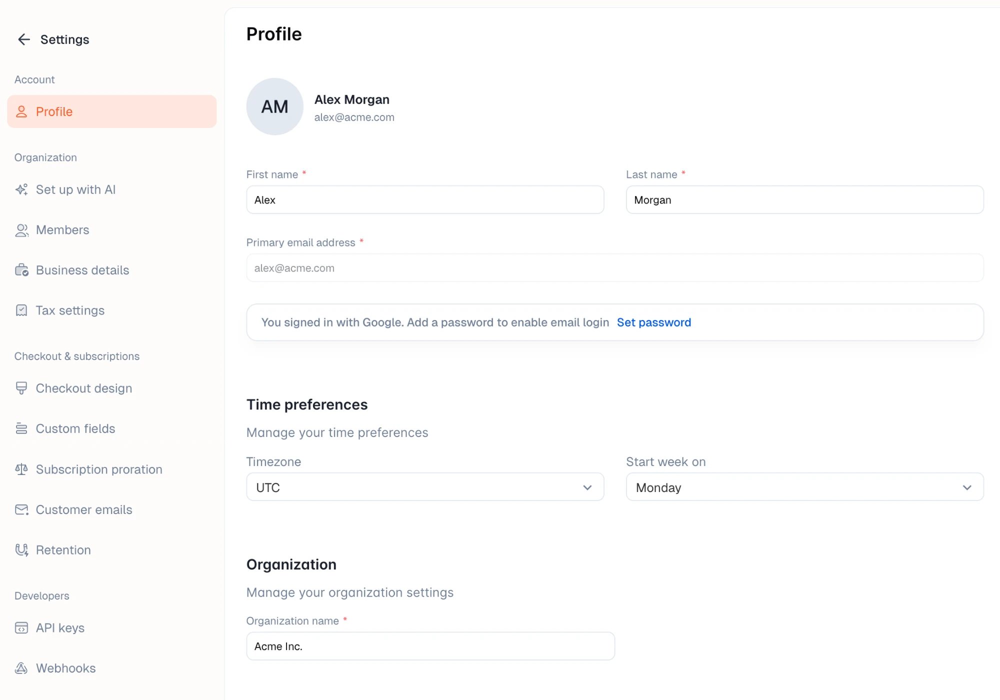 The Profile settings page with name, email, time preferences, and organization name