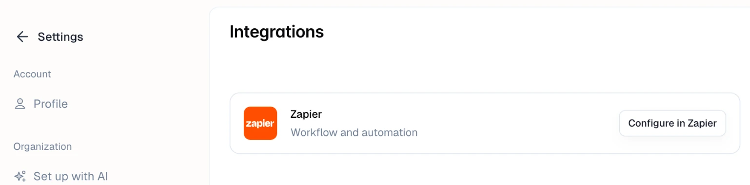 The Integrations settings page with the Zapier card and its Configure in Zapier button