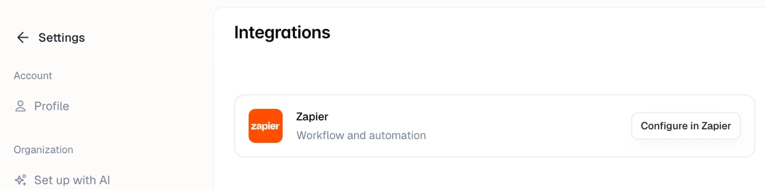 The Integrations settings page with the Zapier card and its Configure in Zapier button
