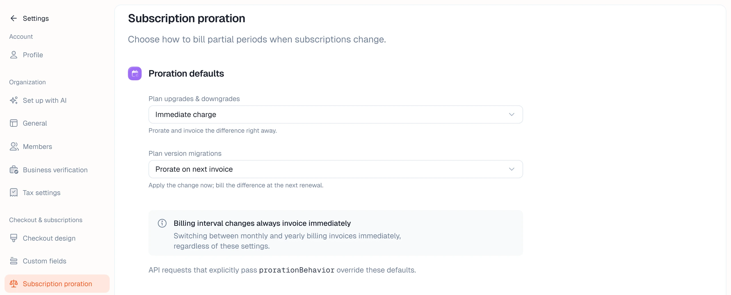 The Subscription proration settings page with defaults for plan changes and plan version migrations