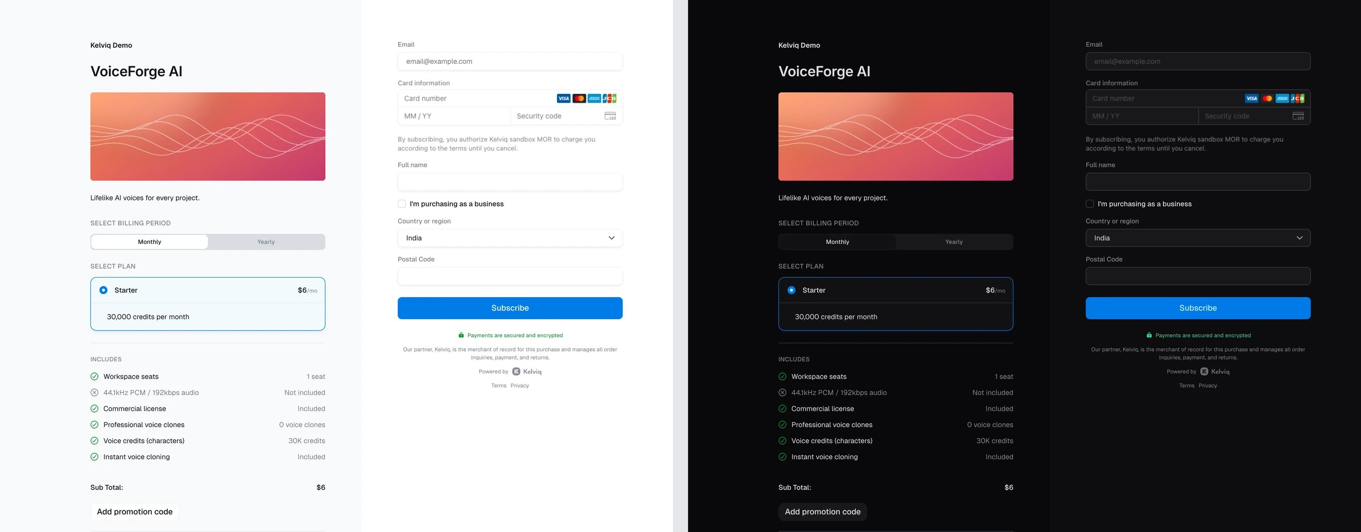 The same checkout in light and dark mode