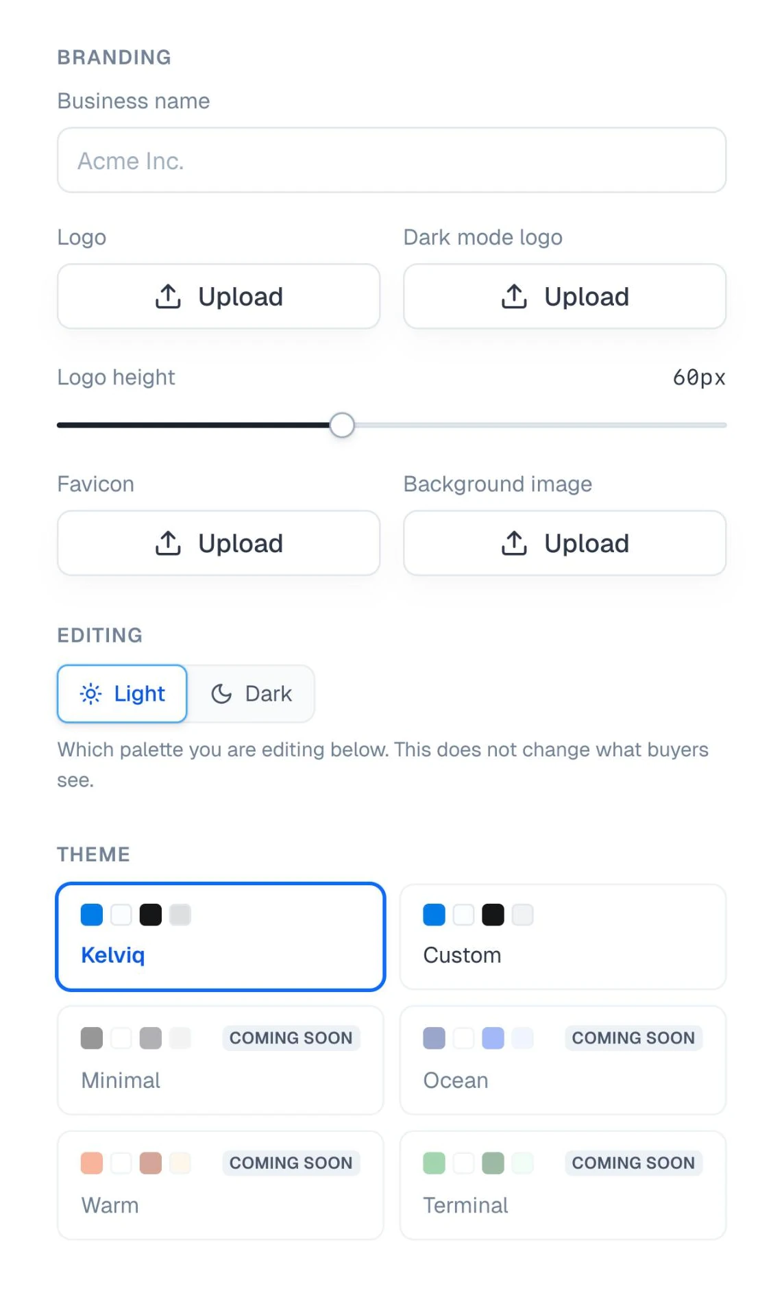 Branding, Editing, and Theme settings on the Checkout design page