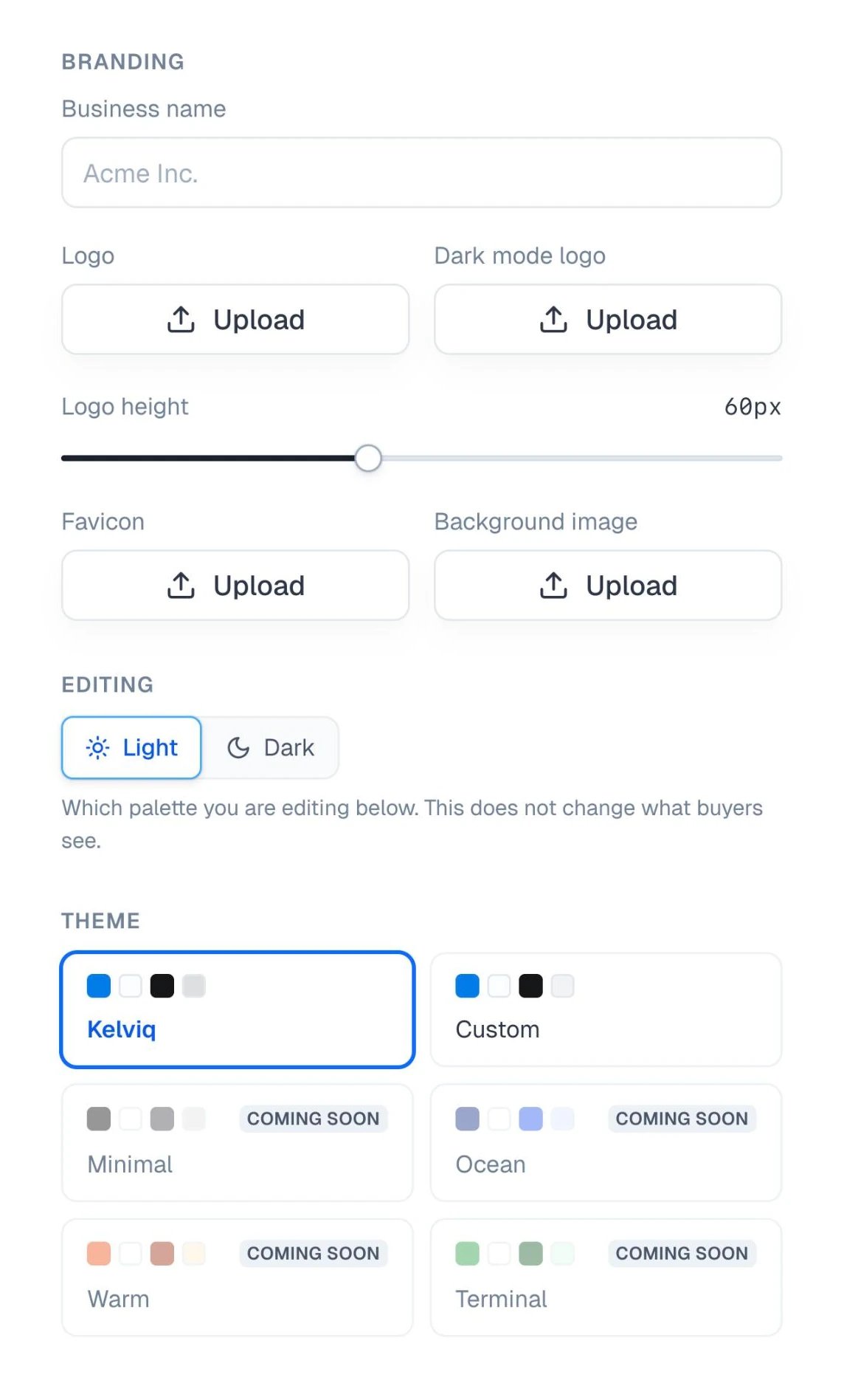 Branding, Editing, and Theme settings on the Checkout design page