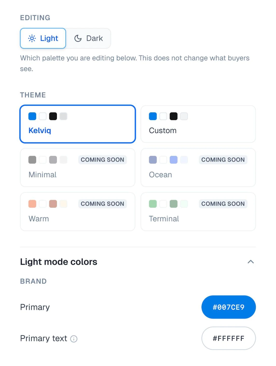 The Editing toggle, theme picker, and brand colors