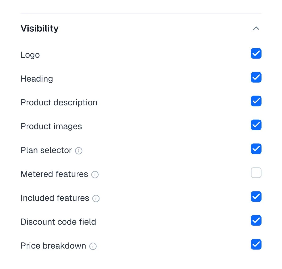 The Visibility checklist with every section on except metered features