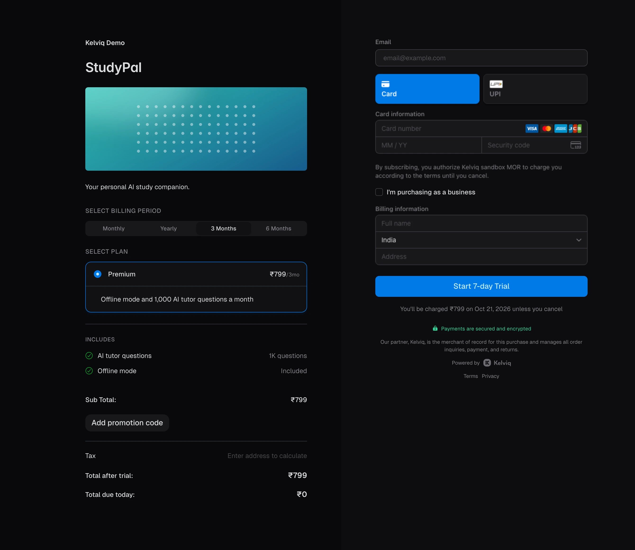 StudyPal checkout with Monthly, Yearly, 3 Months, and 6 Months tabs, 3 Months selected