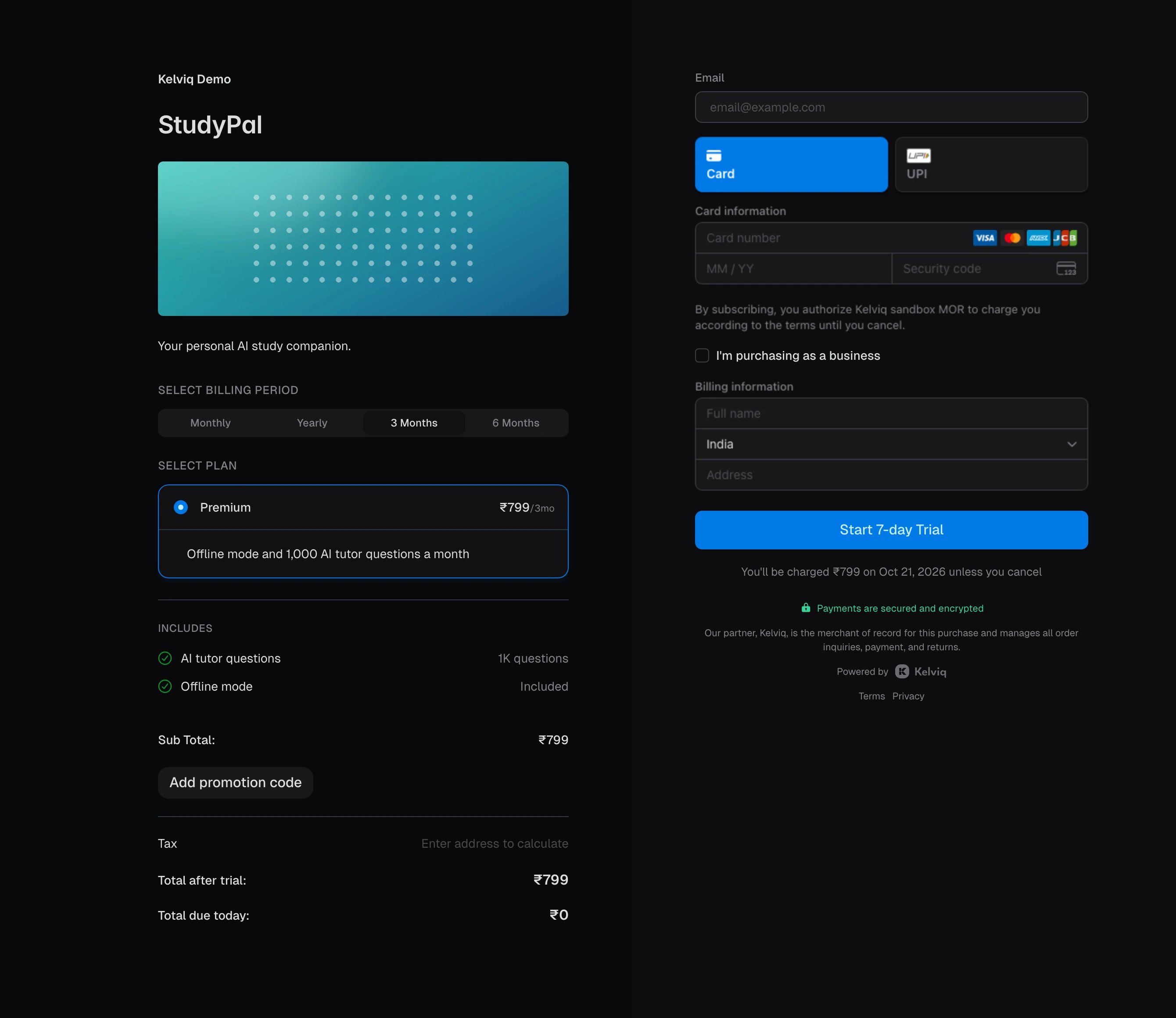 StudyPal checkout with Monthly, Yearly, 3 Months, and 6 Months tabs, 3 Months selected