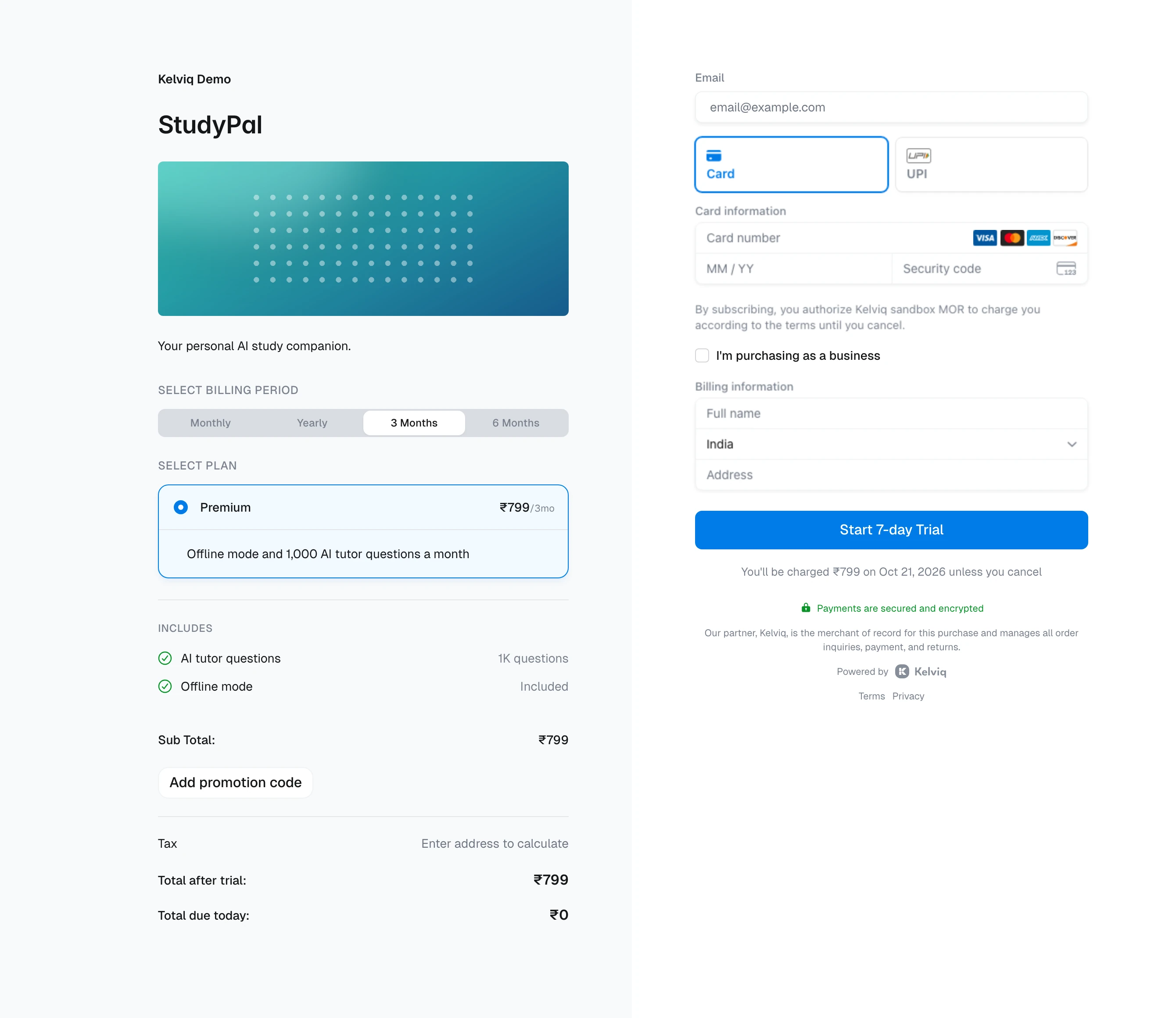 StudyPal checkout with Monthly, Yearly, 3 Months, and 6 Months tabs, 3 Months selected
