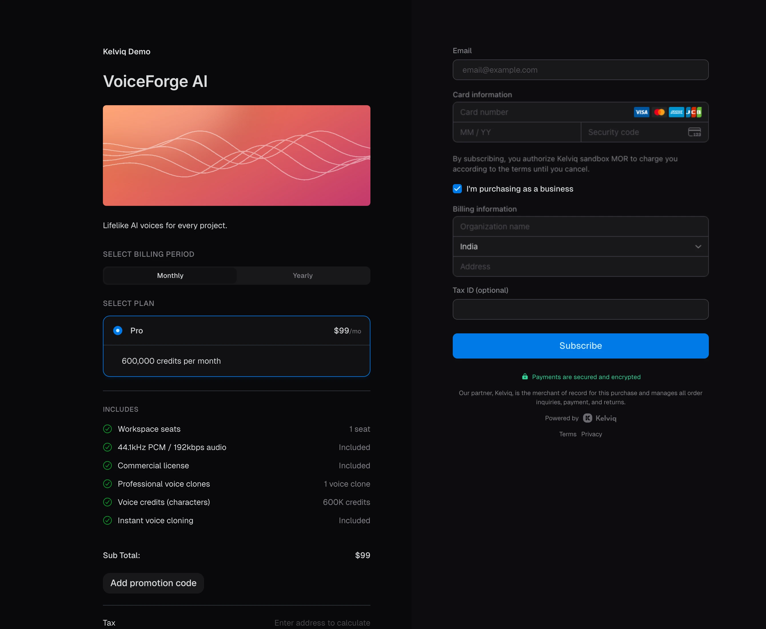 VoiceForge AI Pro checkout with the business purchase fields open