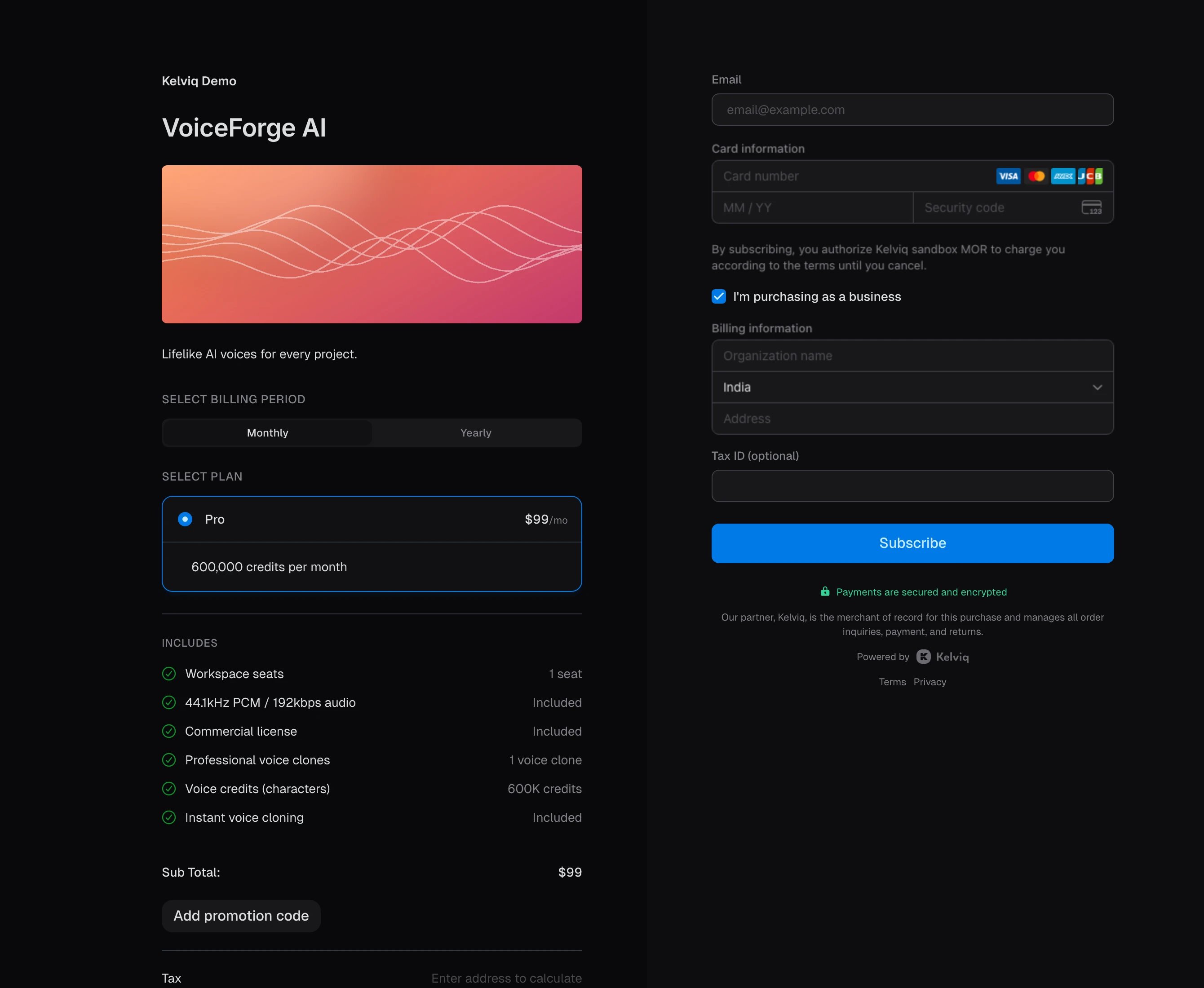 VoiceForge AI Pro checkout with the business purchase fields open