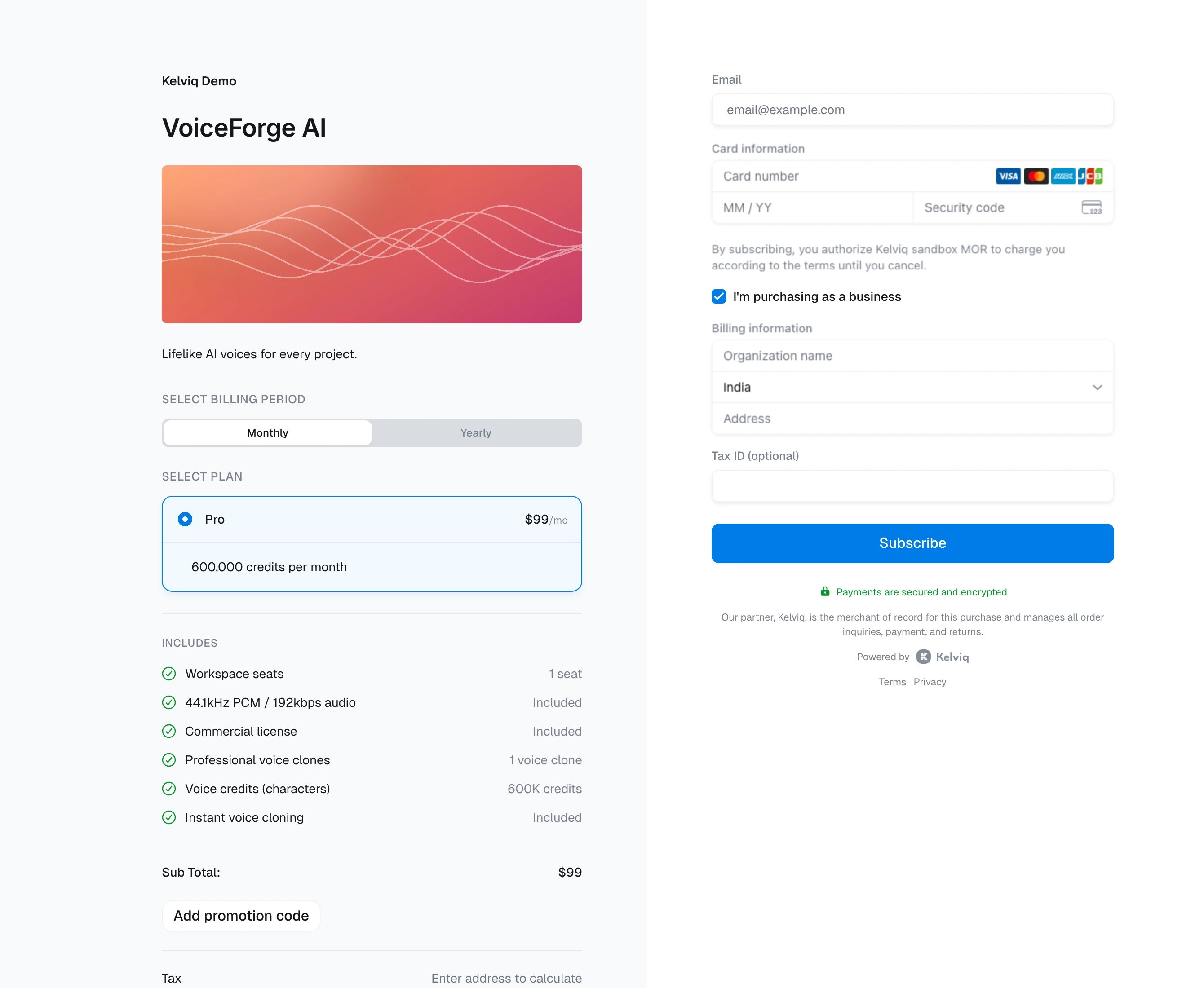 VoiceForge AI Pro checkout with the business purchase fields open