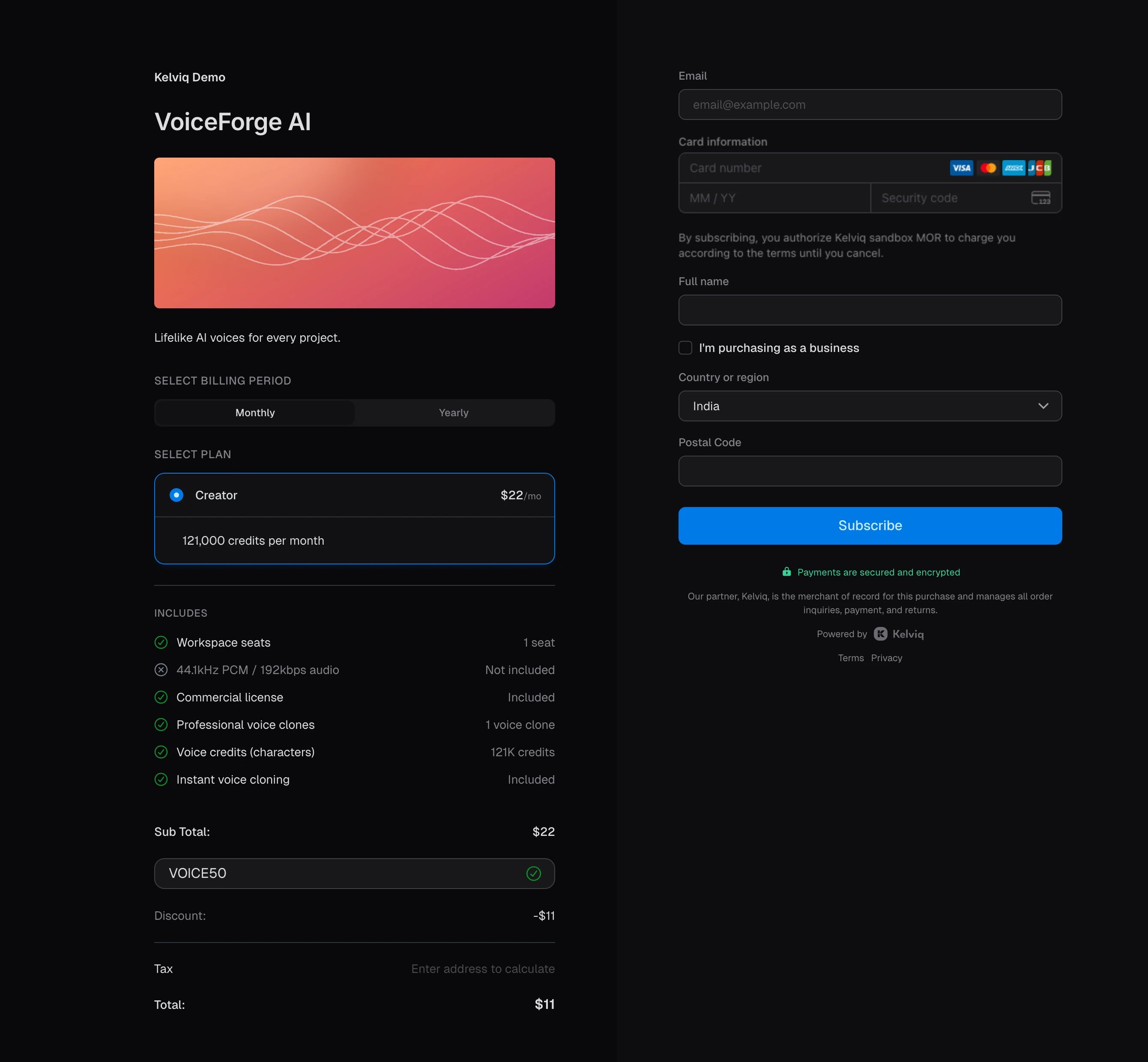 VoiceForge AI Creator checkout with VOICE50 applied, $11 discount, $11 total
