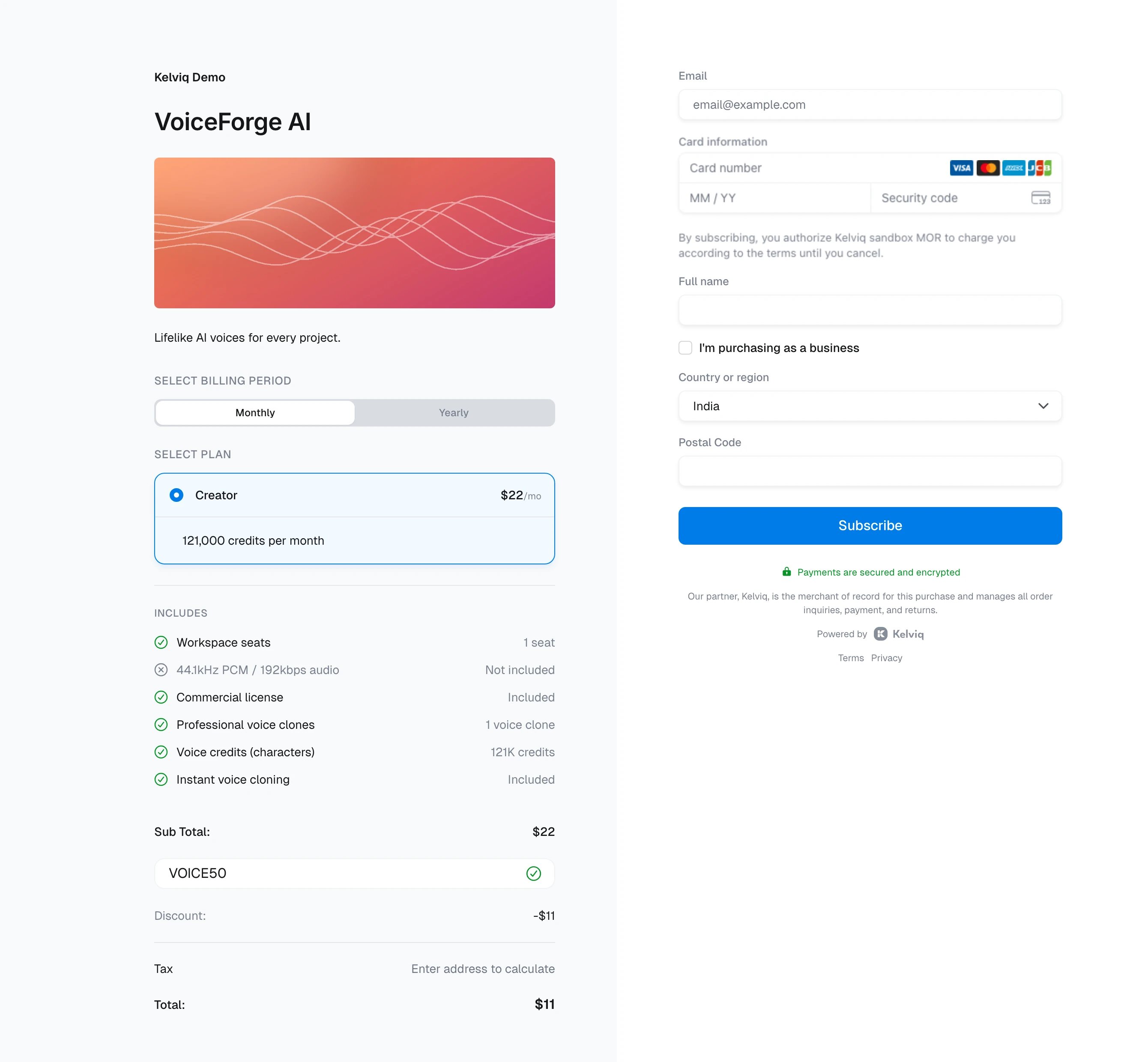 VoiceForge AI Creator checkout with VOICE50 applied, $11 discount, $11 total