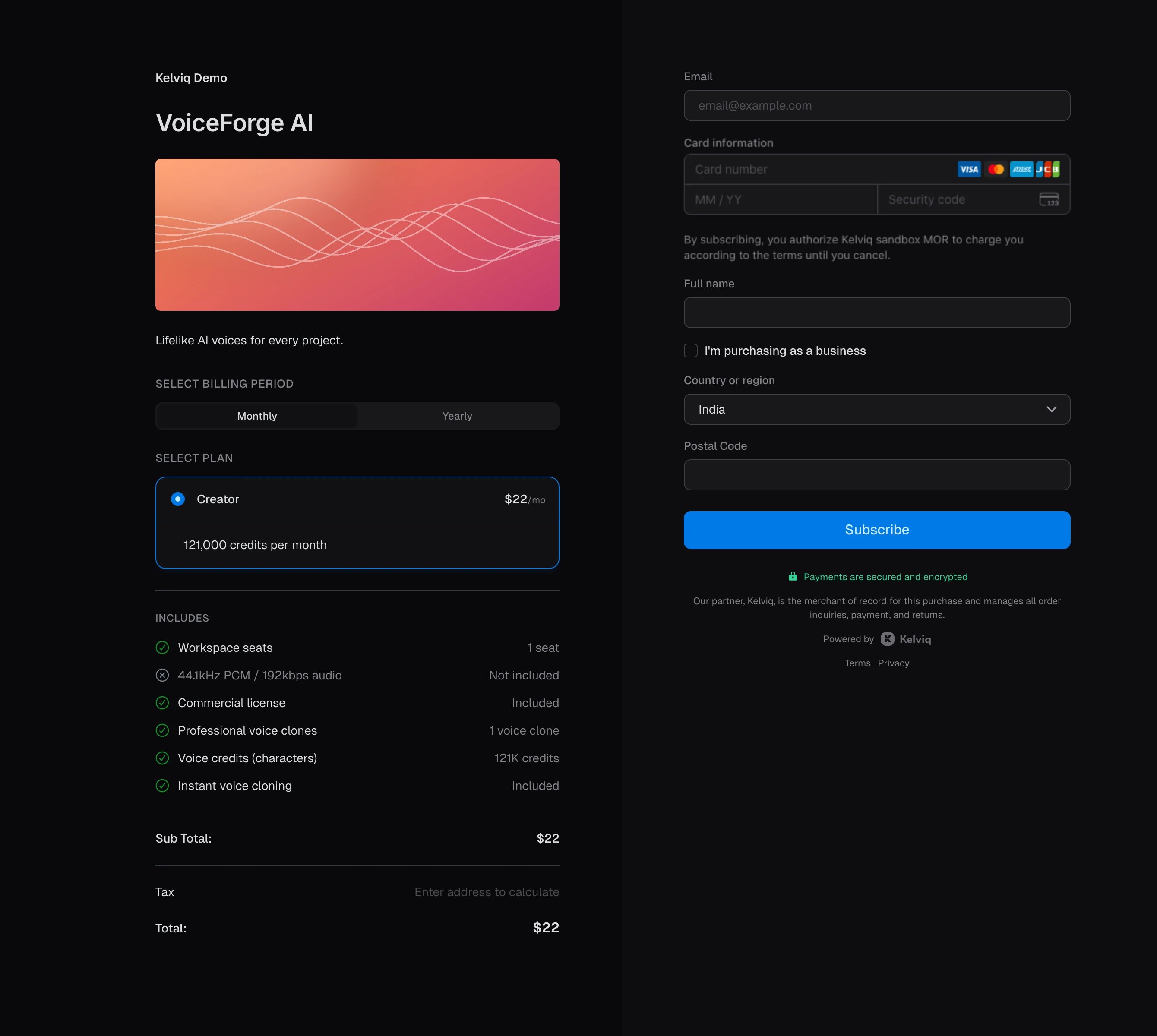 VoiceForge AI Creator checkout without a promotion code field