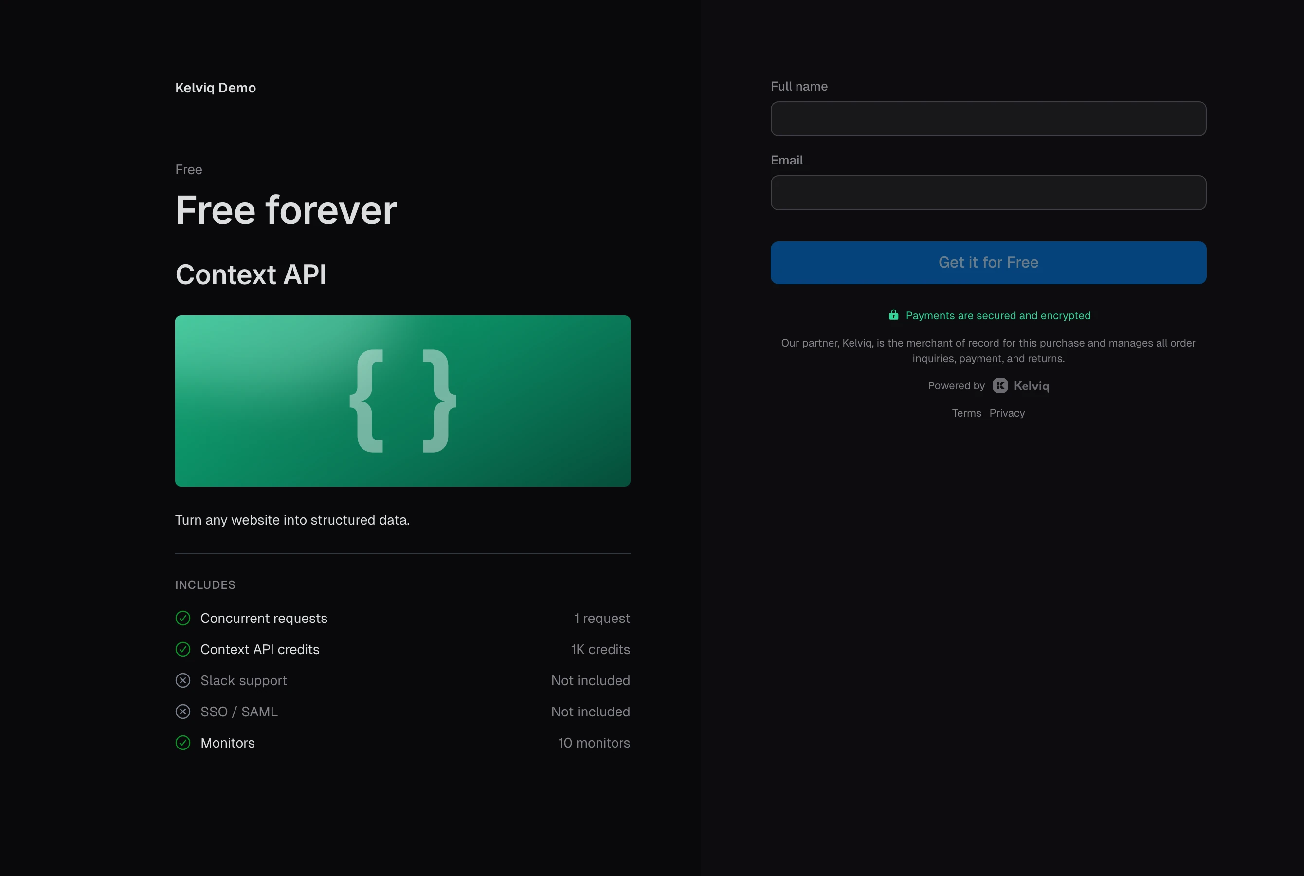 Free forever checkout for Context API with name and email fields