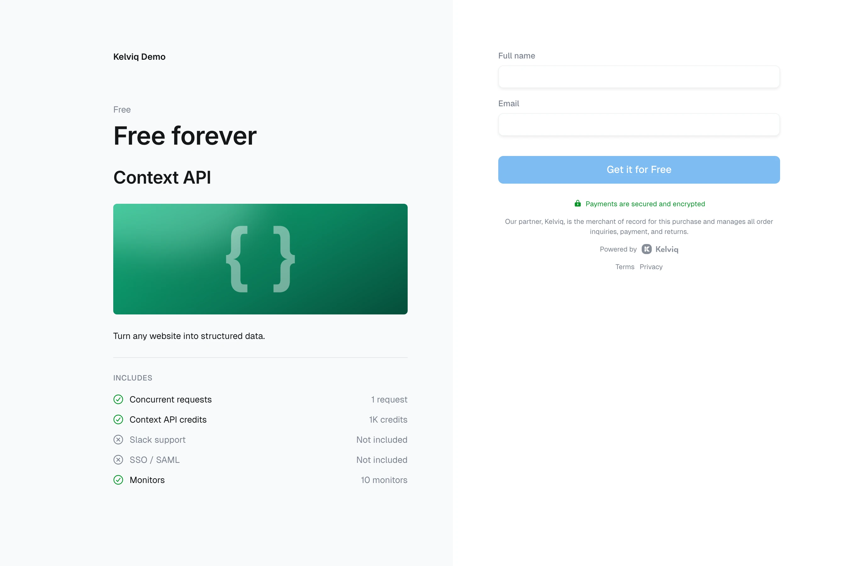 Free forever checkout for Context API with name and email fields