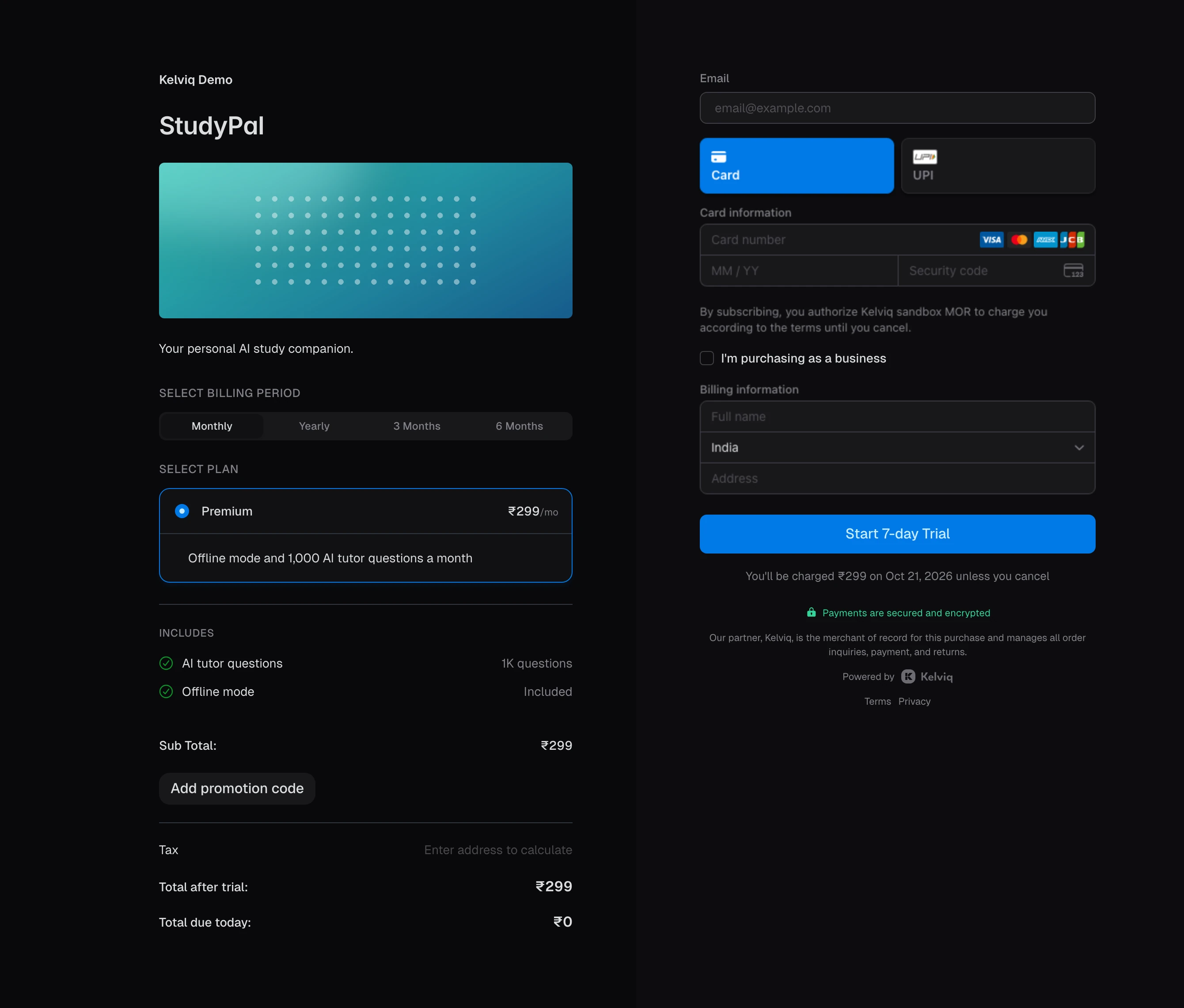 StudyPal Premium checkout with a Start 7-day Trial button and the first charge date